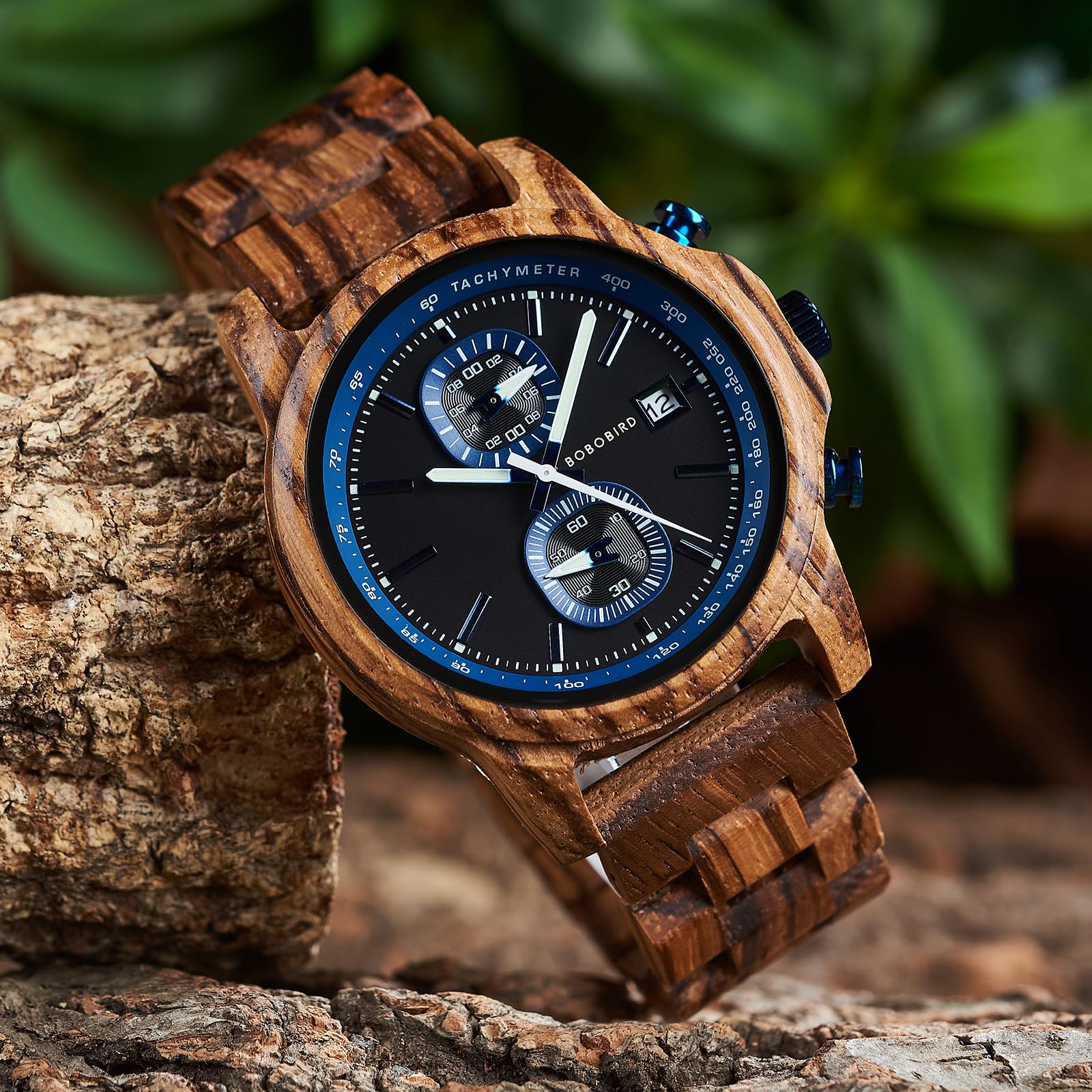 BOBO BIRD Orologio in legno per uomo e donna, ultra leggero, 50 g, lancette luminose, cronografo, data, casual, regalo aziendale