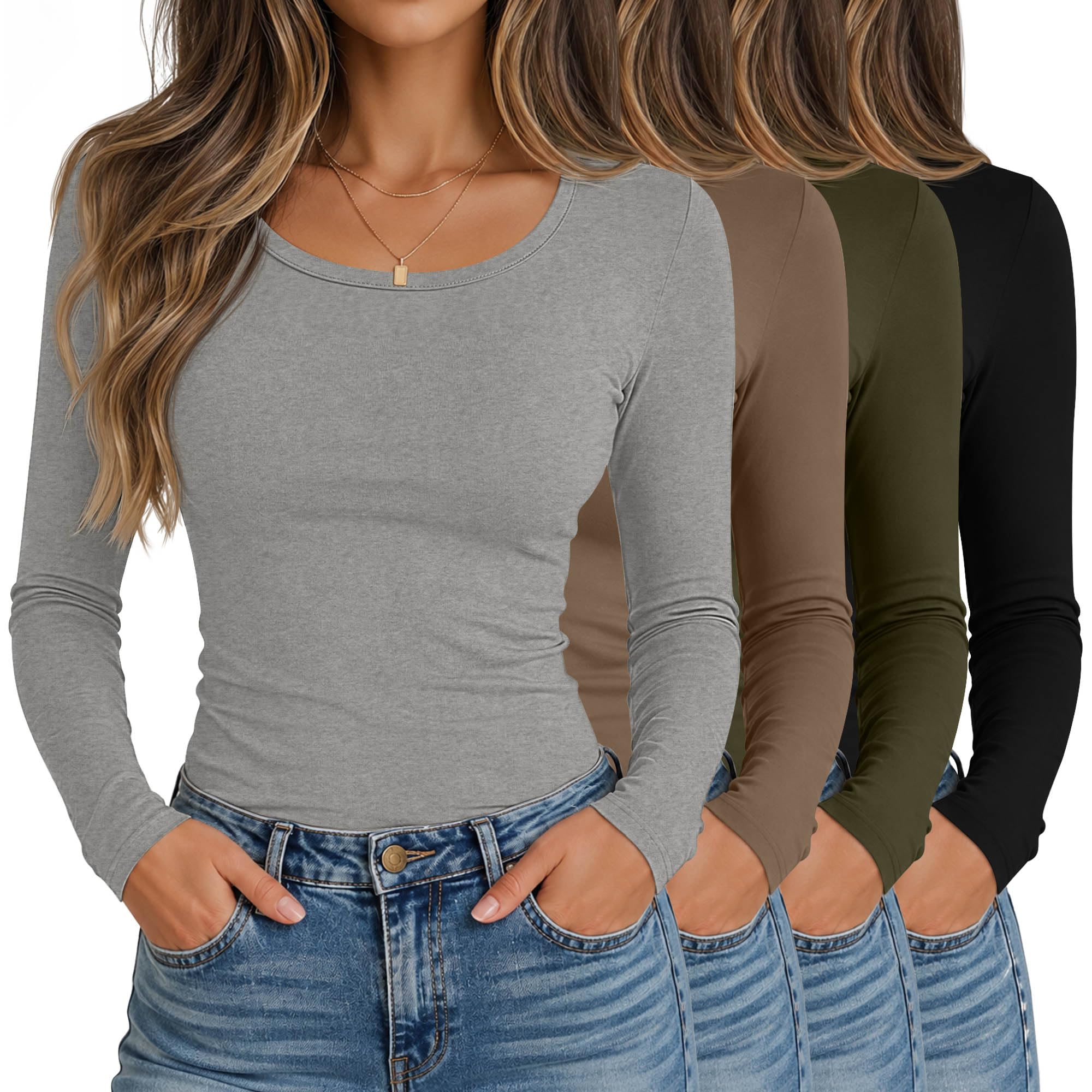 Neer Lot de 4 chemises à manches longues et col rond pour femme - Coupe ajustée - Couche de base extensible - Décontractée - Automne