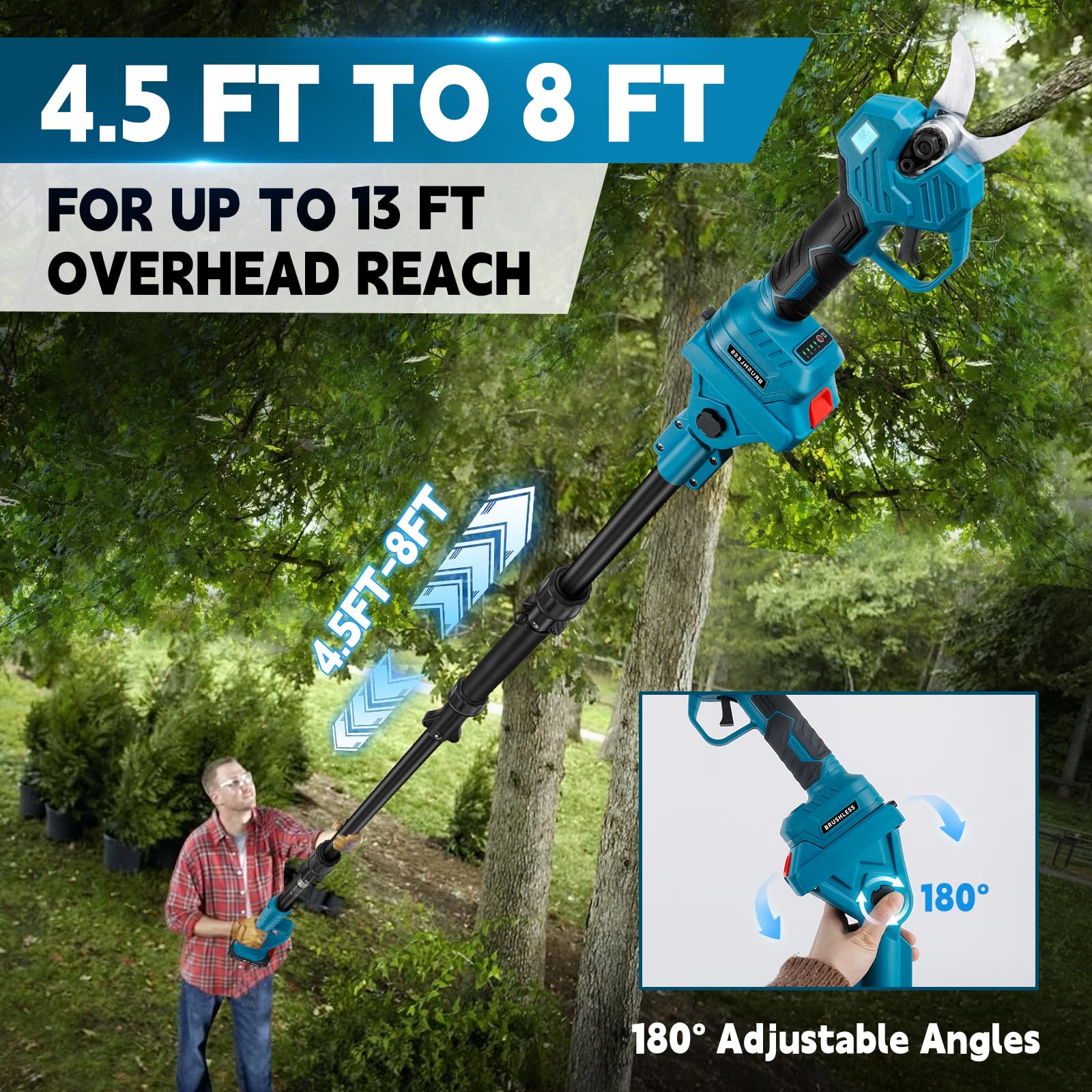 Astschere mit 8ft Verlängerungsstange+2x 2000mah Batterie, Max. Öffnung 57 mm, 40 mm Schnittdurchmesser, LCD Display Elektrische Gartenschere für Äste, Blumen