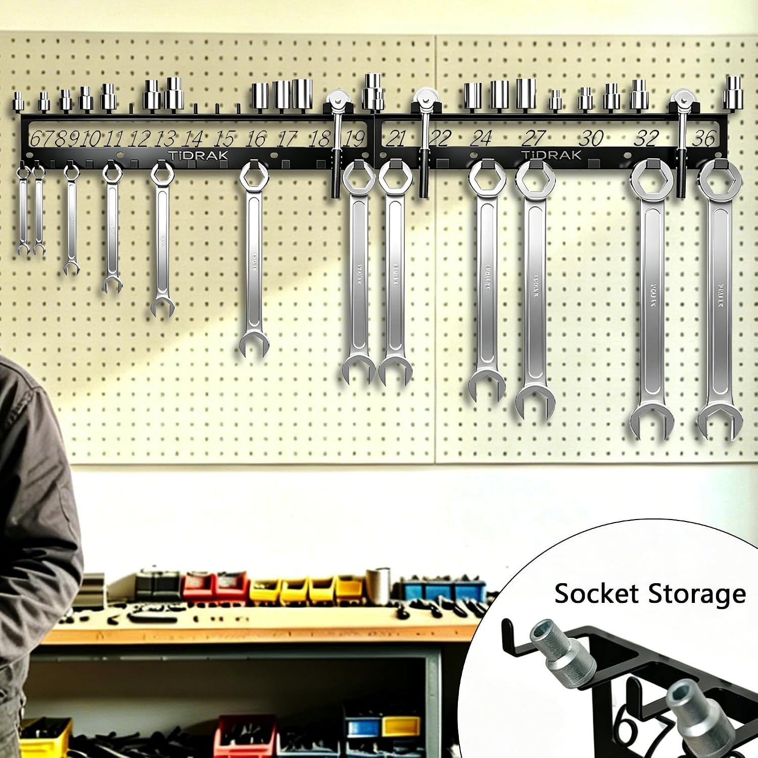 Metal Wrench & Socket Organizer, Dual-Layer Rack with Labels, 2Pcs | Fits 6-32mm, 21 Hooks, Garage/Workbench/Toolbox Use, Practical Gift for Dad, Brother & Boyfriend