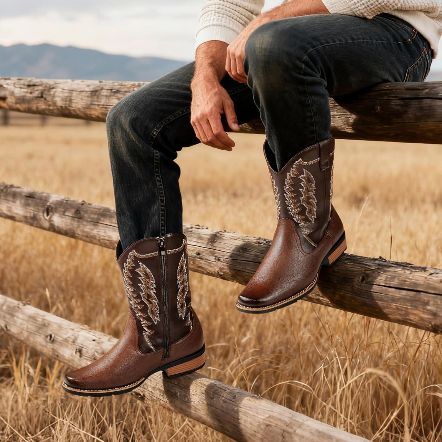 Men's Western Cowboy Boots, Square Toe Classic Embroidery With Side Zipper, Black Brown Chunky Heel Slip Resistant Durable Mid-Calf Country Work Boots for Male - Image 2