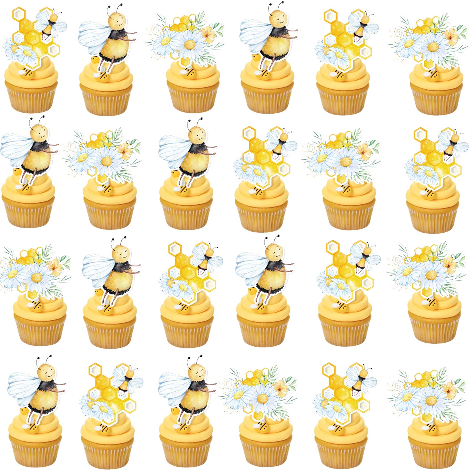 48Pcs Bee Birthday Cake Topper Decoration Supplies for Bee Children's Cupper Topper for Baby Shower Boys Girls Kids Birthday Party