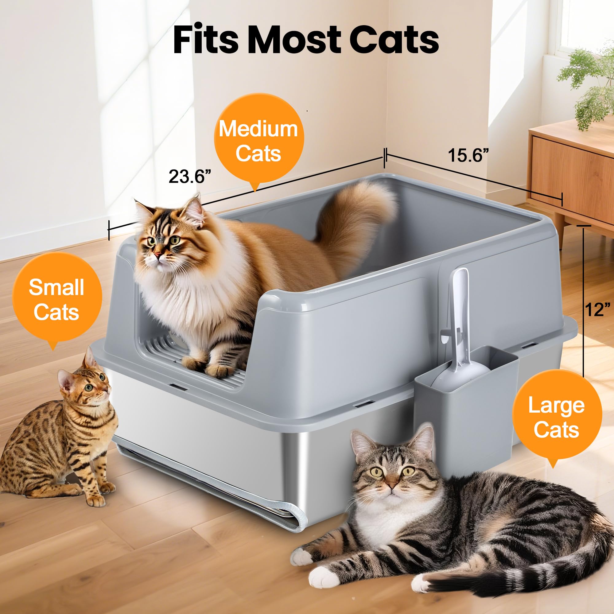23.6''x15.6''x12'' Stainless Steel Sifting Litter Box with Sifter, Pine Pellet Litter Box with Lid for Big Cats, Built-in Sifter, No Waste Bag Needed, Easy to Clean & Durable (Grey) - image 4
