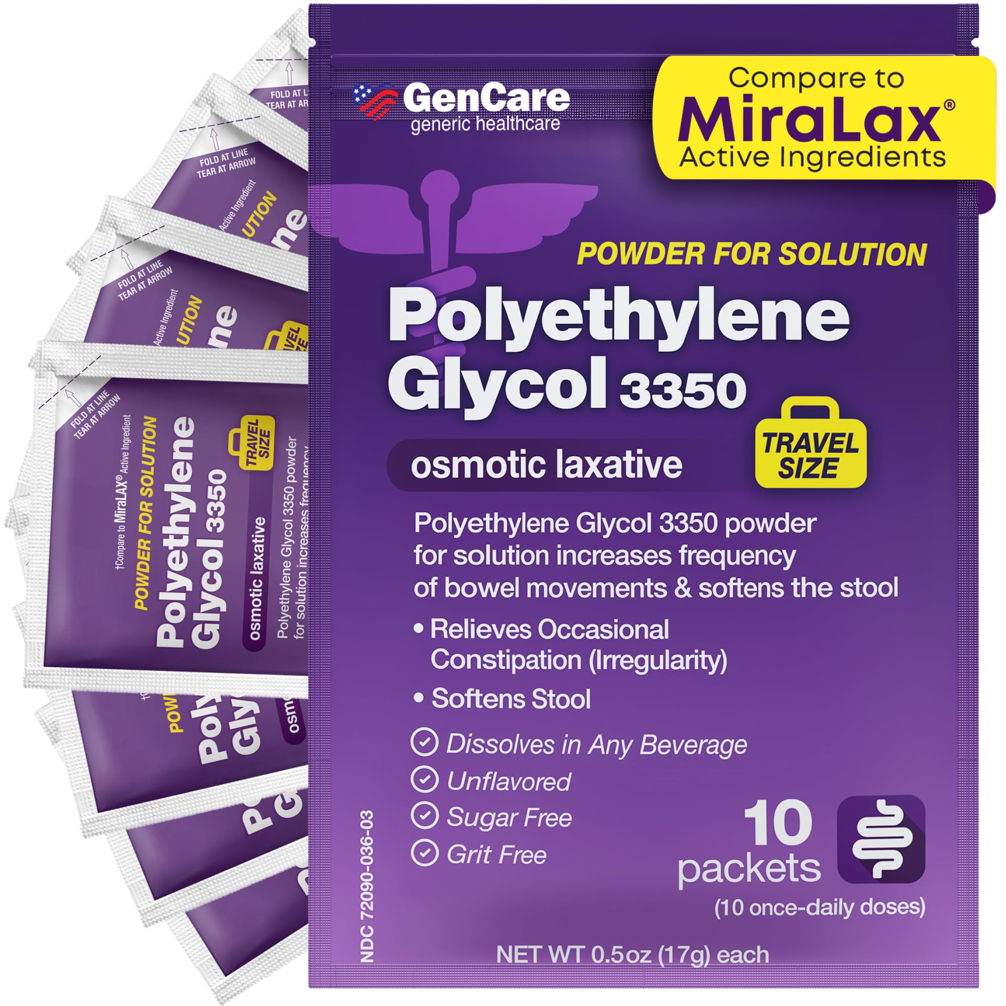 GenCare Polylethylene Glycol 3350 Powder for Solution – Unflavored Grit-Free Clear PEG 3350 for Occasional Constipation Relief for Women & Men – Generic Laxative Powder (10 Count)