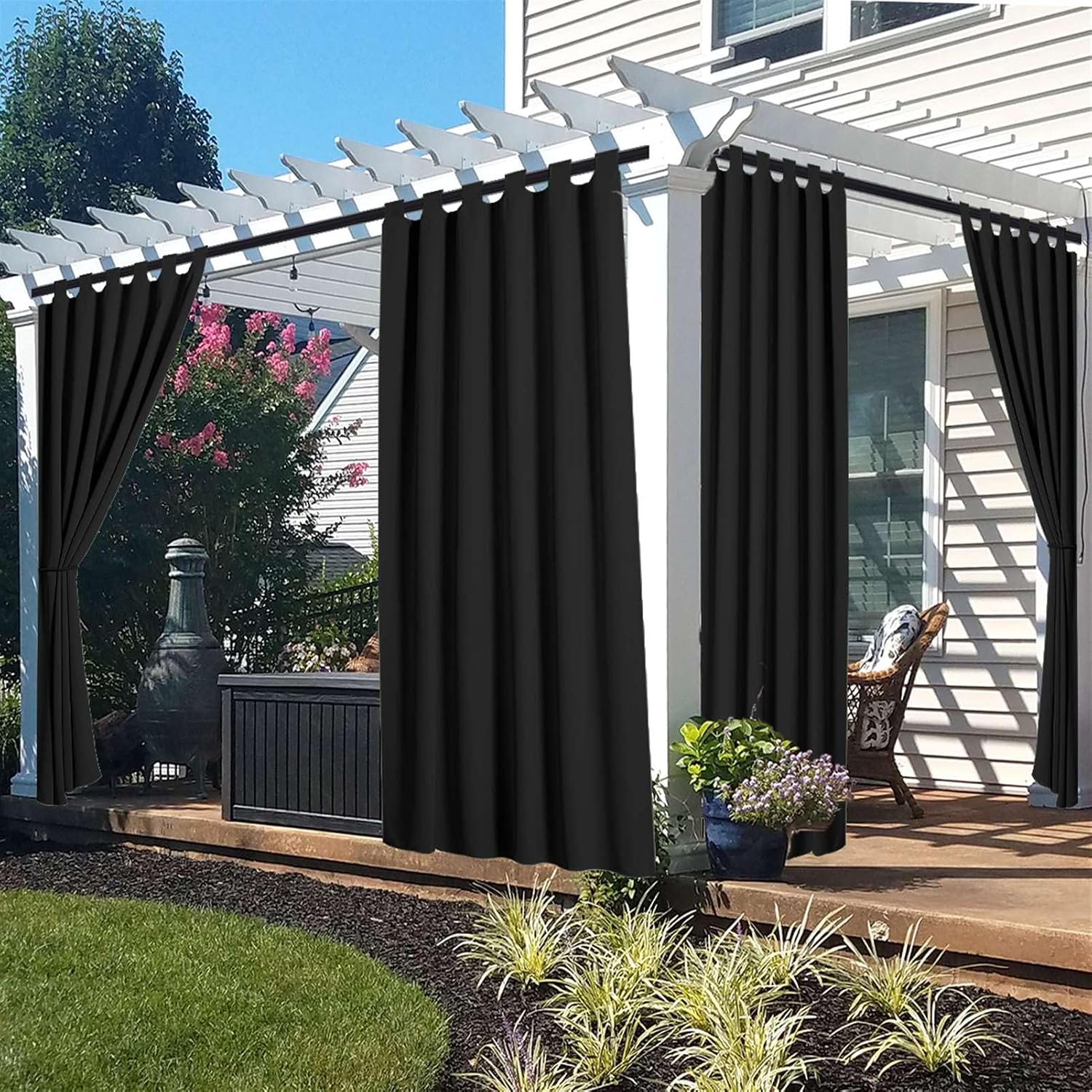 Waterproof Outdoor Curtains Detachable Sticky Tab Top Blackout Windproof Privacy Drapes for Porch, Pergola, Cabana Black, W52 x L96, 2 Panels