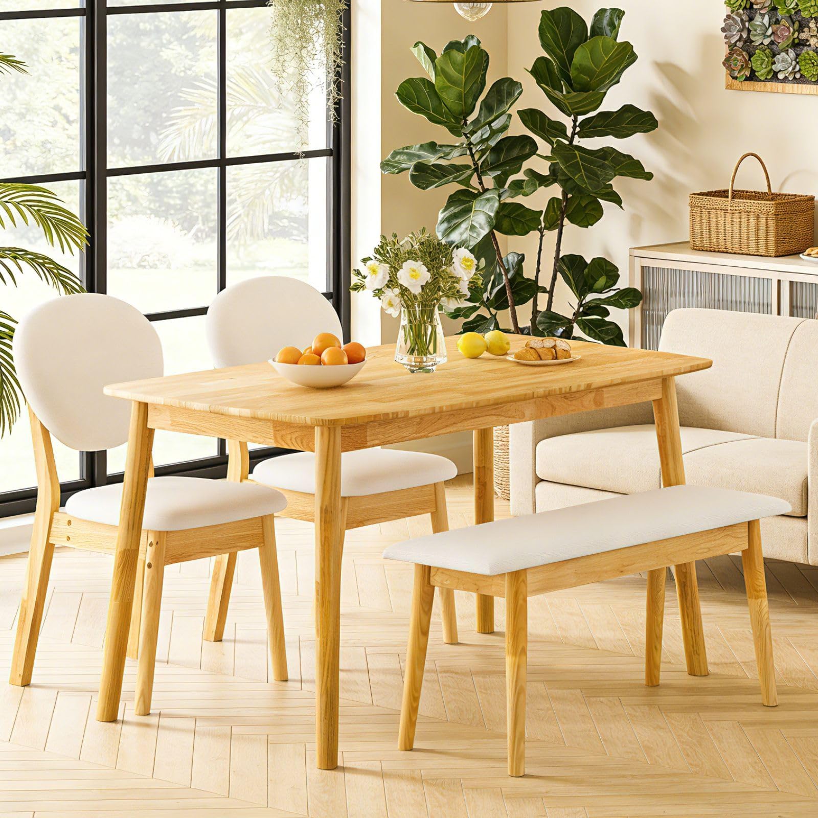 Karl home 4-Piece Farmhouse Dining Set, w/Bench&Chairs,Solidwood, Nature | Mid-century modern kitchen table with bench seat&2 upholstered chairs,compact design,for kitchen/small apartment