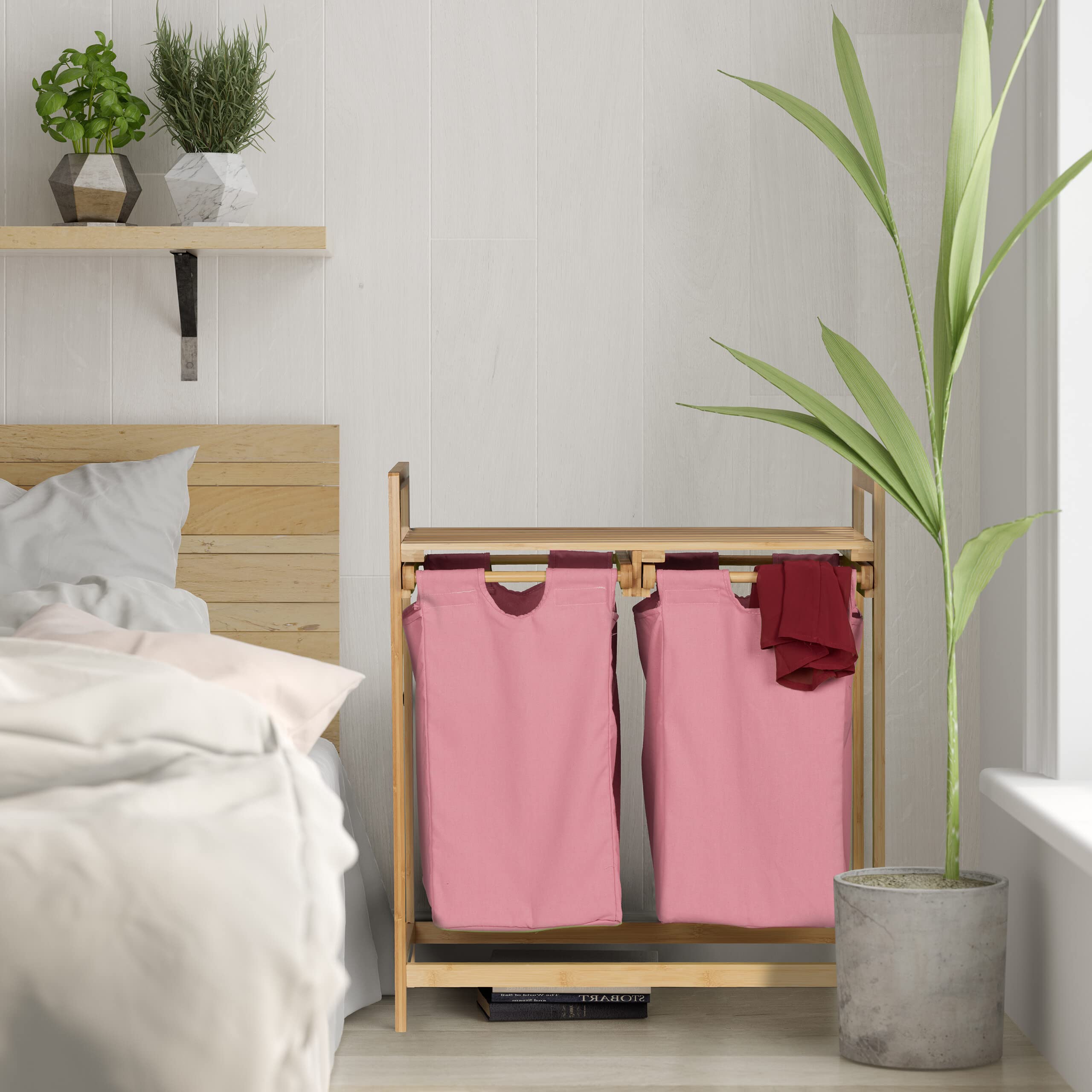 Relaxdays dubbele wasmand, uitschuifbaar, HBD: 73x64x33 cm, badkamer, slaapkamer, wassorteerder 2 vakken, natuur/groen