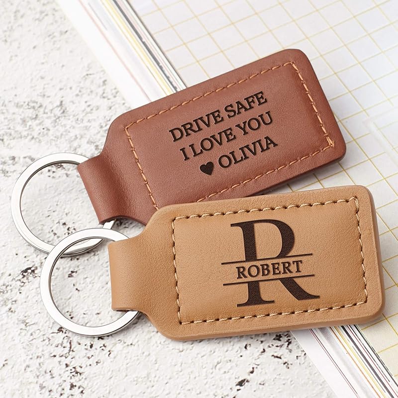 RUGGEDGIFTS Personalized Name Keychain, Mens Leather