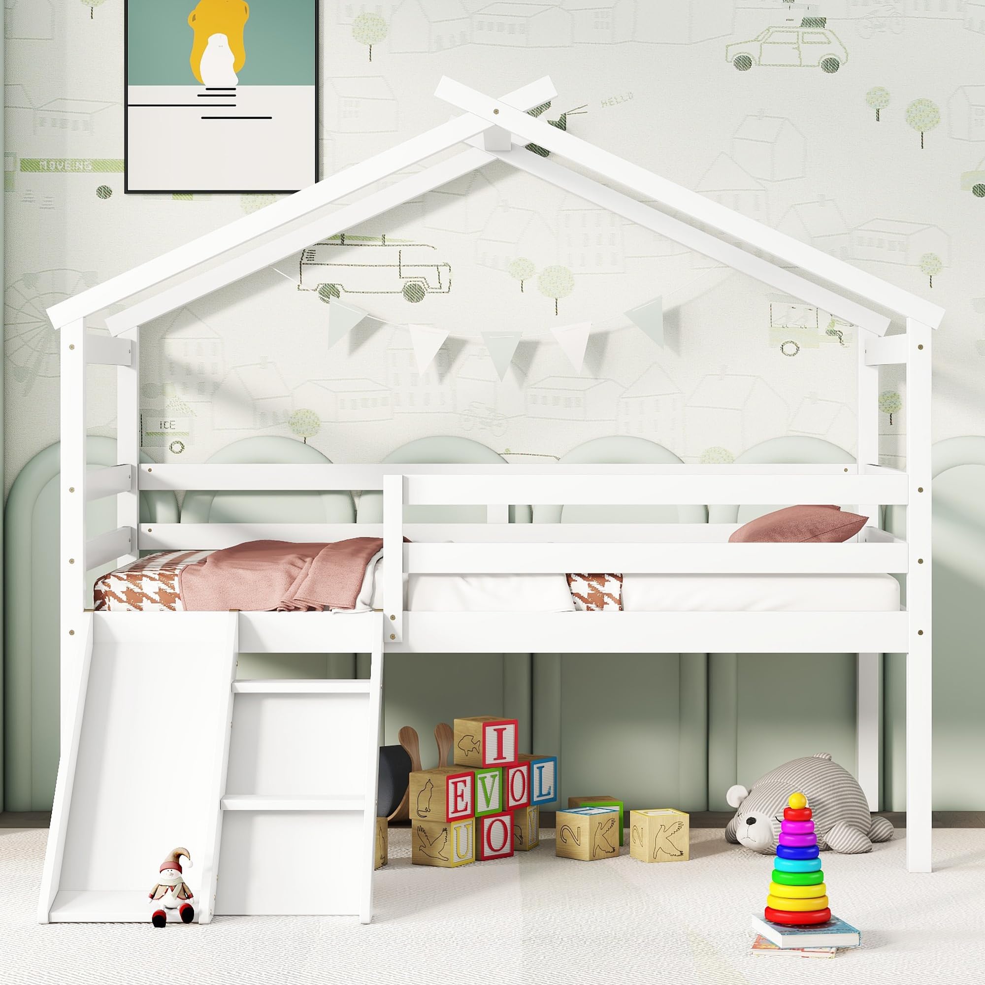 SOFTSEA Twin Size Low Loft Bed with Slide, Ladder and Safety Guardrails, Wooden Loft Bed Frame with Roof Design for Boys and Girls Bedroom, No Box Spring Needed, Easy Assembly, White