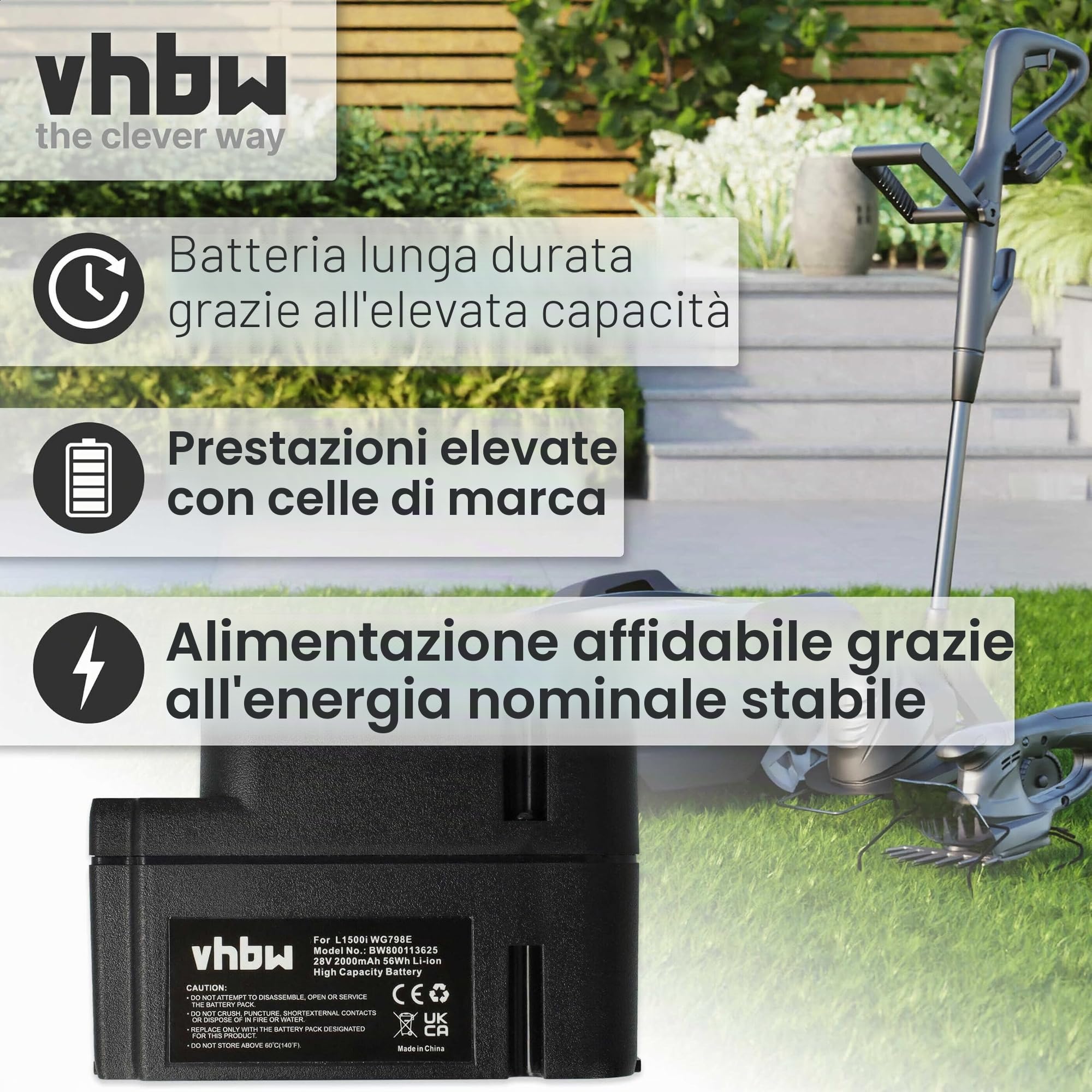 vhbw batteria compatibile con Worx Landroid L1500i WG798E,M 500B WG755E,M WG794E,M WG794EDC robot rasaerba - Sostituisce WA3225, WA3565 (Li-Ion 2Ah 28V)
