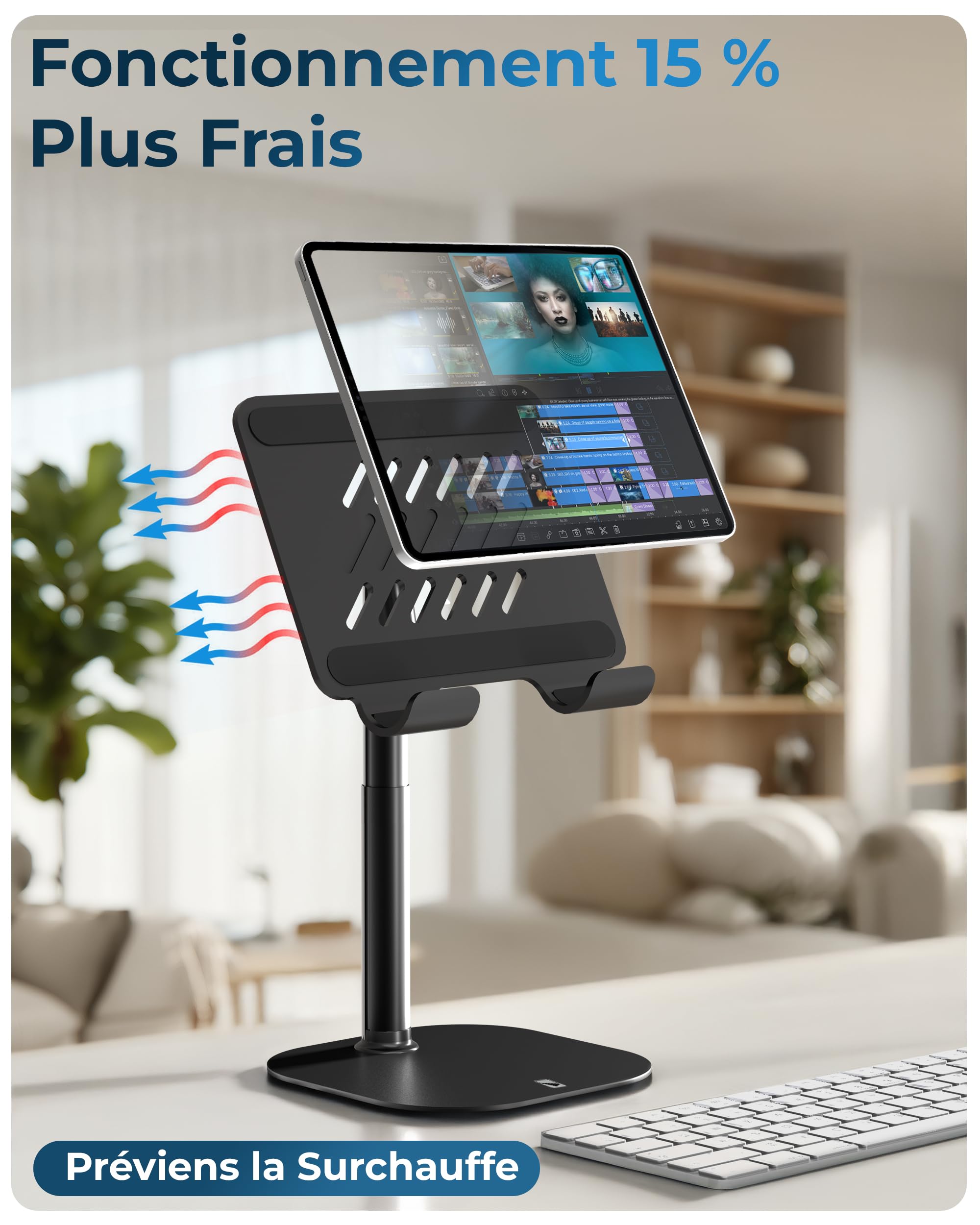 COOPER TabHolder, Support Tablette réglable 18-25 cm, Support iPad Bureau Premium, inclinable 270° pour moniteurs 15,6-17", Compatible iPad, Kindle, Surface, Samsung Galaxy Tab - Noir Nuit