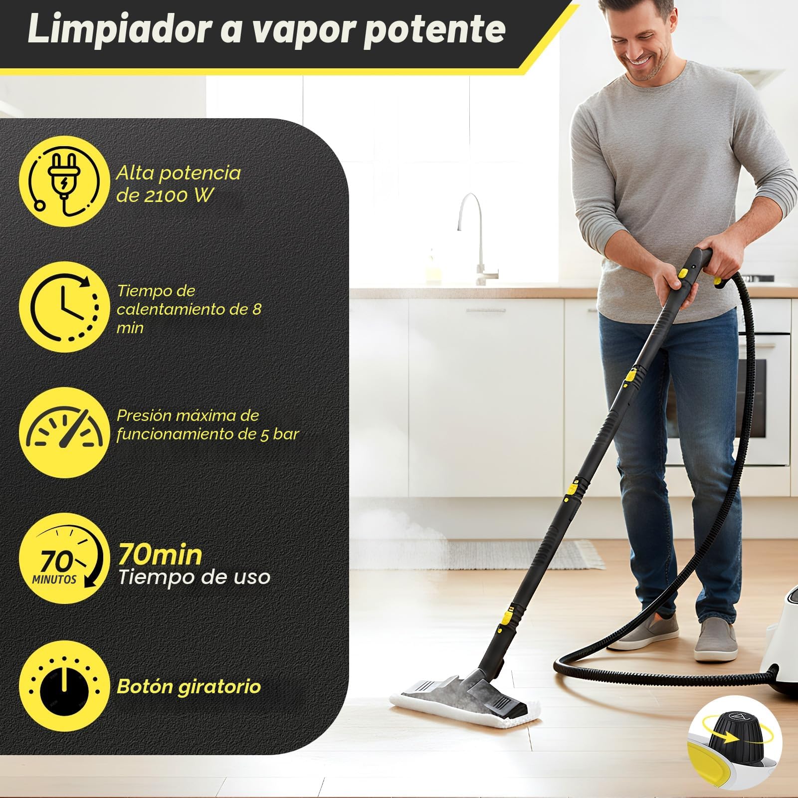 Limpiador de Vapor 2100W 2,1L Acero Inoxidable 304 Presión 5 Bares 105°C