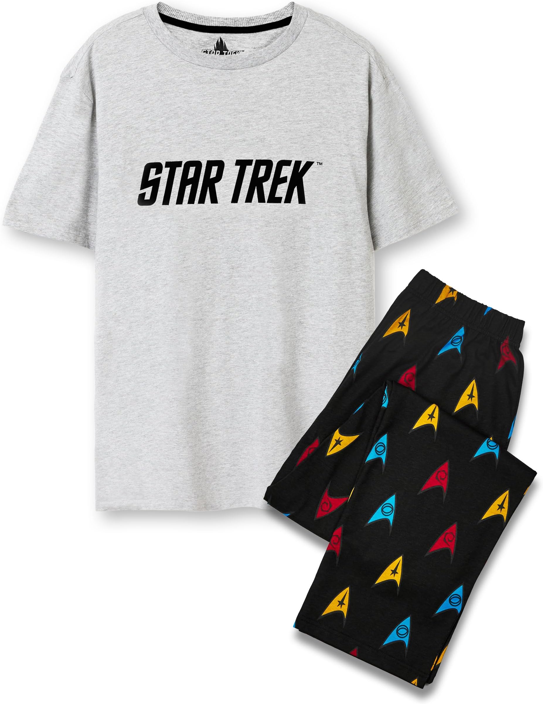 Star Trek Mens Pyjama Set | Adults Classic Logo Grey Short Sleeve Graphic Tee & Black All Over Print Long Leg Bottoms PJs | Badge Loungewear Trekkie Apparel | Sci-fi Movie Merchandise Gift for Him