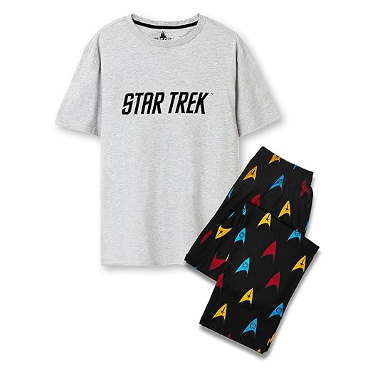 Star Trek Herren Pyjama Set | Erwachsene Klassisches graues kurzärmeliges Grafik-T-Shirt mit Logo und schwarzes Pyjama mit Allover-Print | Badge Loungewear Trekkie Bekleidung | Sci-Fi Film Merchandise