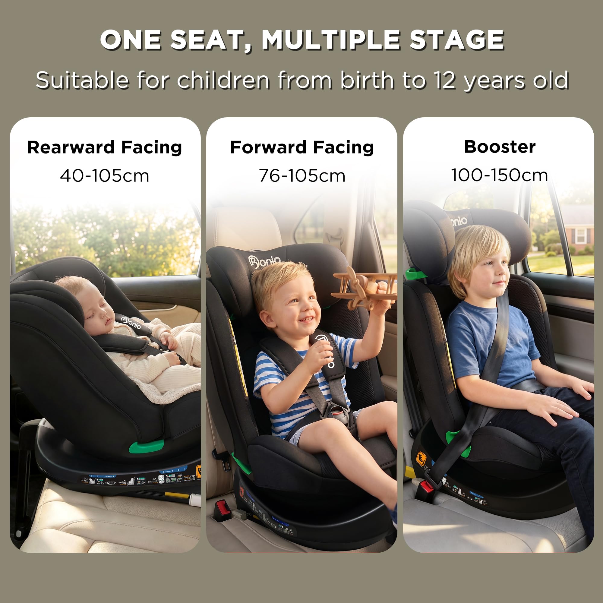 Bonio 360 Girevole Seggiolino Auto ISOFIX con Gamba di Supporto, 40-150cm