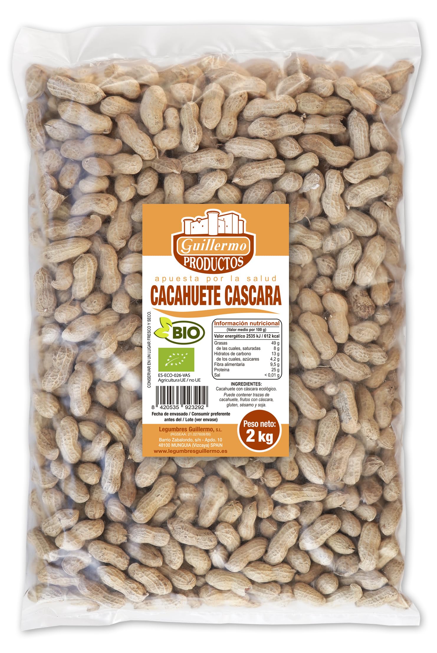 Guillermo | Cacahuete con cáscara BIO - Bolsa 2 kg. | 100% ecológico | Fuente de proteínas y ácido fólico | El fruto seco que aporta más vitamina B3, ácido fólico y proteínas