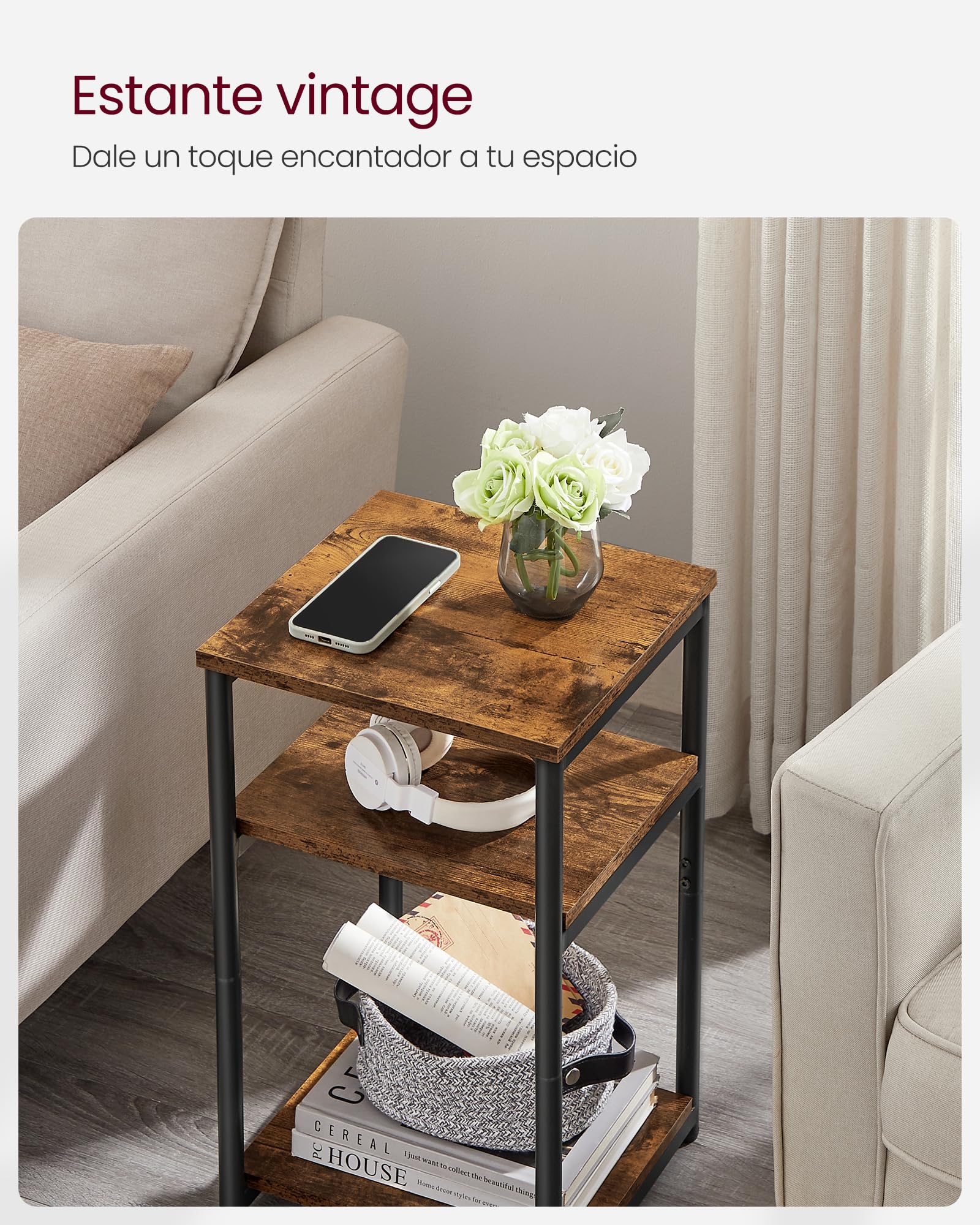 VASAGLE Mesa de Sofá, Mesa Auxiliar de 3 Niveles, Mesita de Noche con Marco de Acero, para Salón, Dormitorio, Estudio, Marrón Rústico y Negro Tinta LET273B01