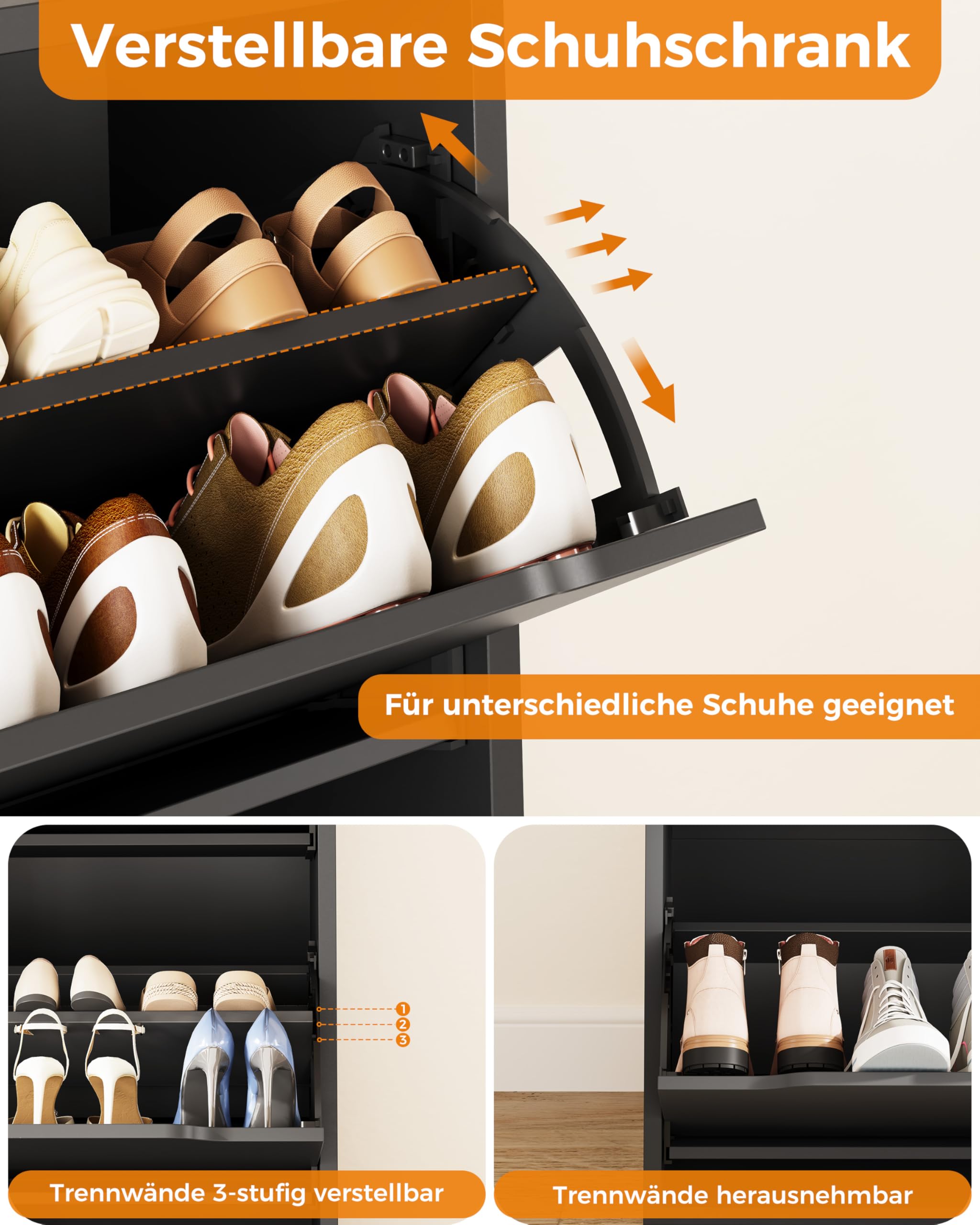 IRONCK Schuhschrank mit 4 Klappen, Schuhkipper Schmal mit 2 Schubladen, freistehendes Schuhregal, Schuhkommode mit verstellbaren Trennwände, Schuhablage Schrank für Flur Eingang, Wohnzimmer (Schwarz)
