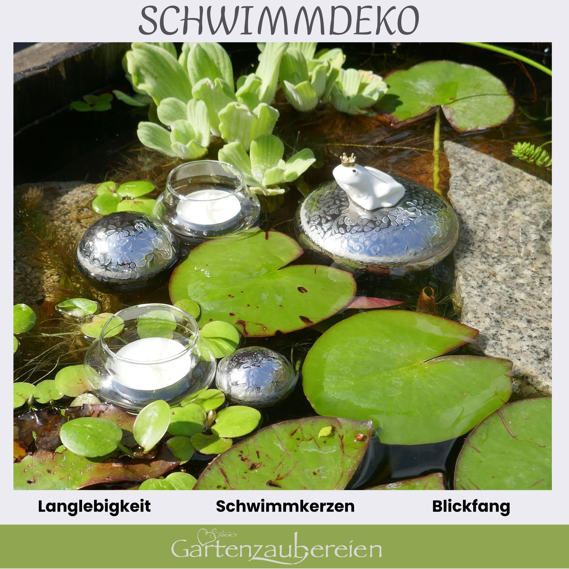 Storm's Gartenzaubereien Miniteich Komplettset mit Schwimmfrosch Keramik Grauer Deko Schale - Schwimmkugeln und Teelichtschalen