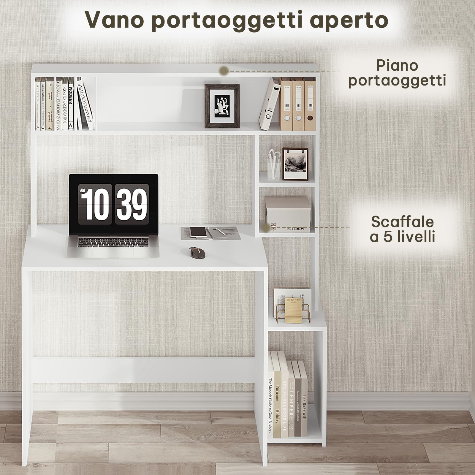 eSituro Tavolo per Computer con Libreria, Scrivania con 5 Ripiani, Scrivania per Bambini, Camera da Letto, Ufficio, Bianco, 113,5x45x139 cm