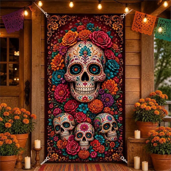 Day of the Dead Door Cover Halloween Party Decor for Front Porch Sugar Skull Floral Backdrop Washable Polyester Banner for Party Supplies