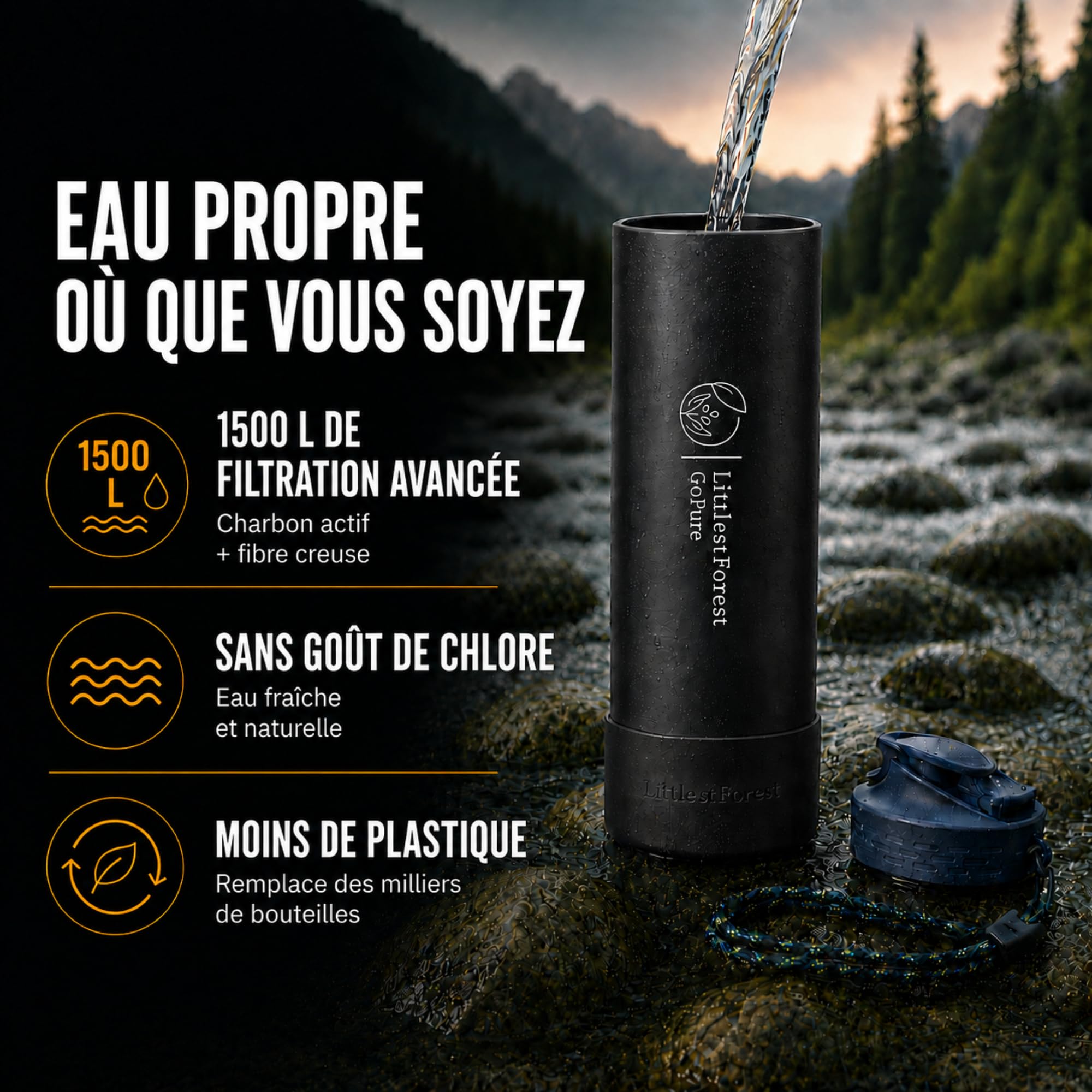 GoPure Gourde Filtrante 800ml 1500L Randonnée Sans BPA