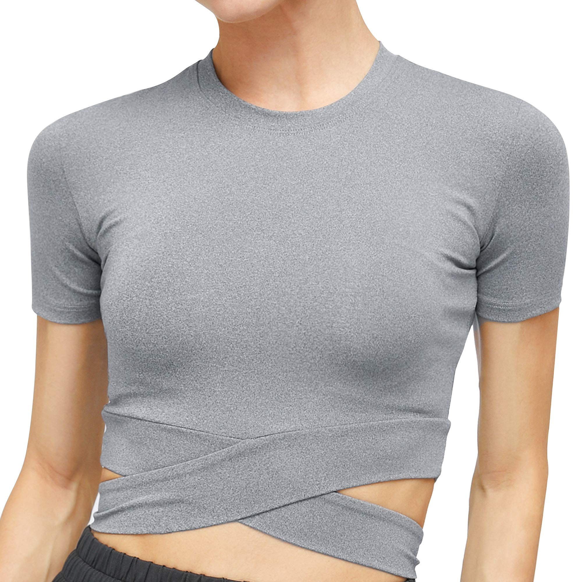 J.INGCross Front Performance Crop, Women Woukout Tops Tummy Cross Short Sleeve, Shirts for Yoga Running Gym
