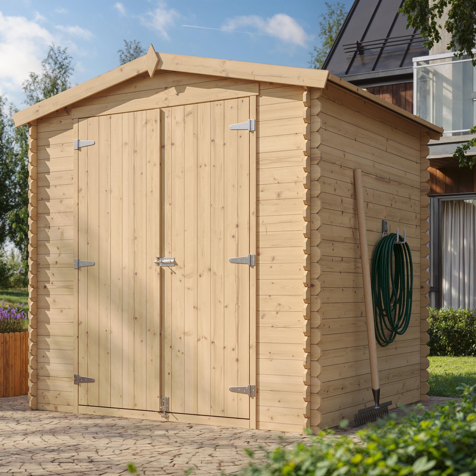 TIMBELA M343C1 drewniany domek ogrodowy, 3,53 m², sosna/świerk, szopa na narzędzia o grubości ścianki 19 mm, drewniany domek na narzędzia ogrodowe i rowery, podwójne drzwi, bez dna