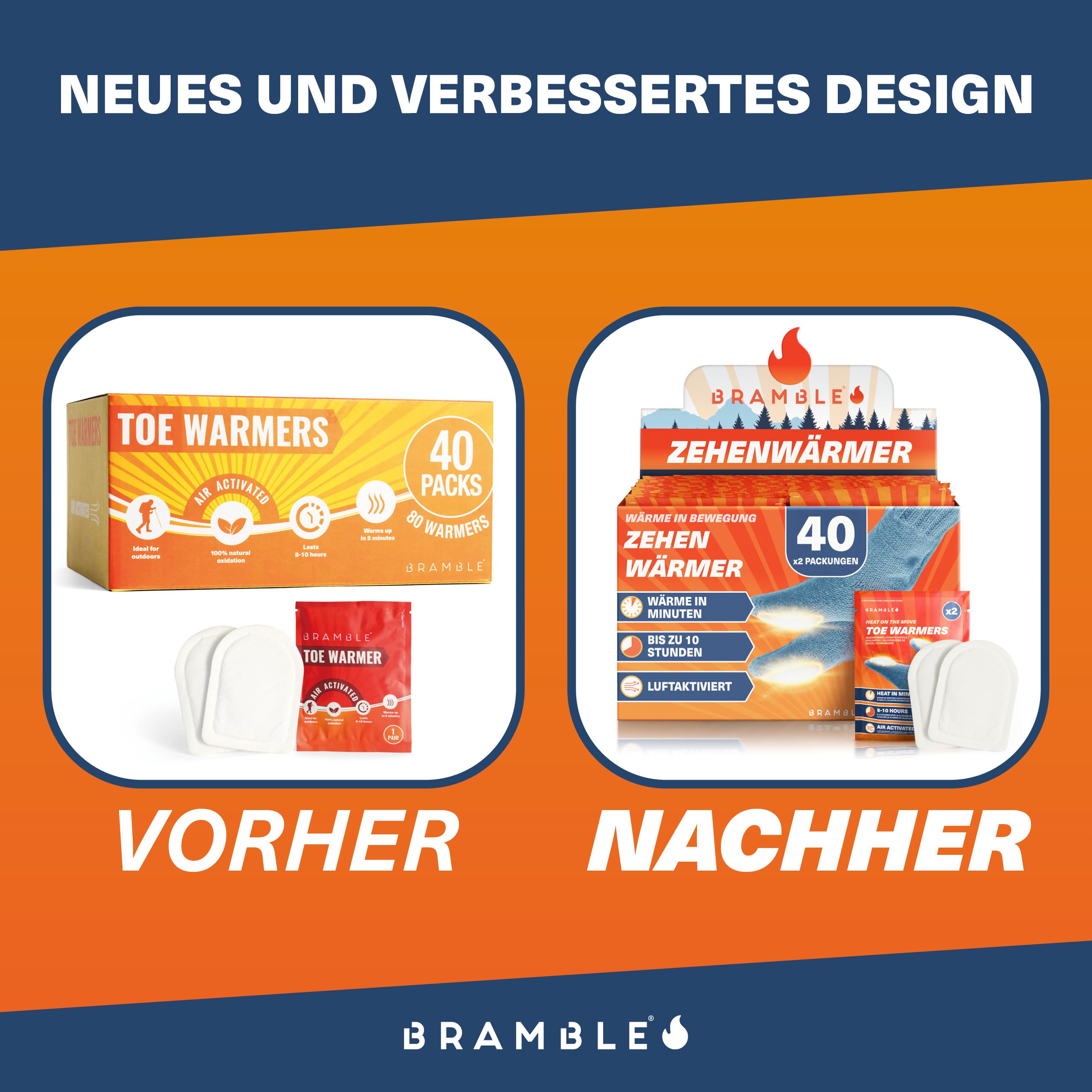 Bramble – Zehenwärmer zum Aufkleben (40 Paar, 80 insgesamt) – Ultradünne Flicken zum Aufkleben für Schuhe und Stiefel – Luftaktiviert und geruchsfrei Fußwärmer – Bis zu 10 Stunden Wärme