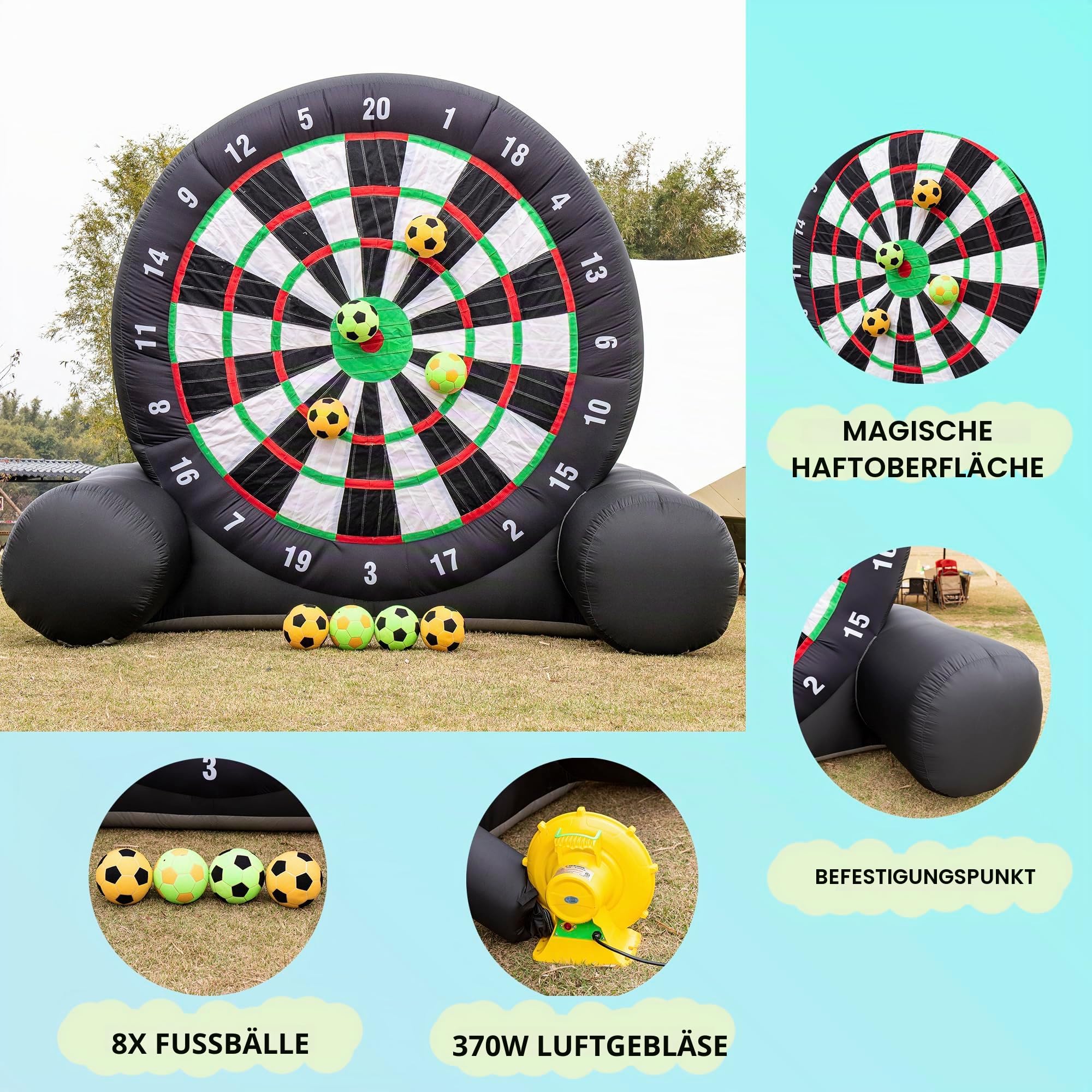 Aufblasbares Dartboard für Fußball-Dartpfeile im Freien (3 m hoch) – inklusive 8 Bälle und 370 W Ventilator – Riesenspiel mit großem Ziel