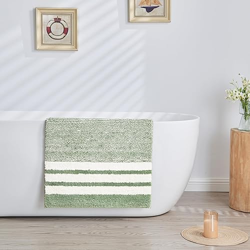 Miniatura 4 de CozeCube - Tapetes de baño a rayas, antideslizantes, peludos, esponjosos, lavables, microfibra absorbente, estéticos, bonitos, para lavabo, verde