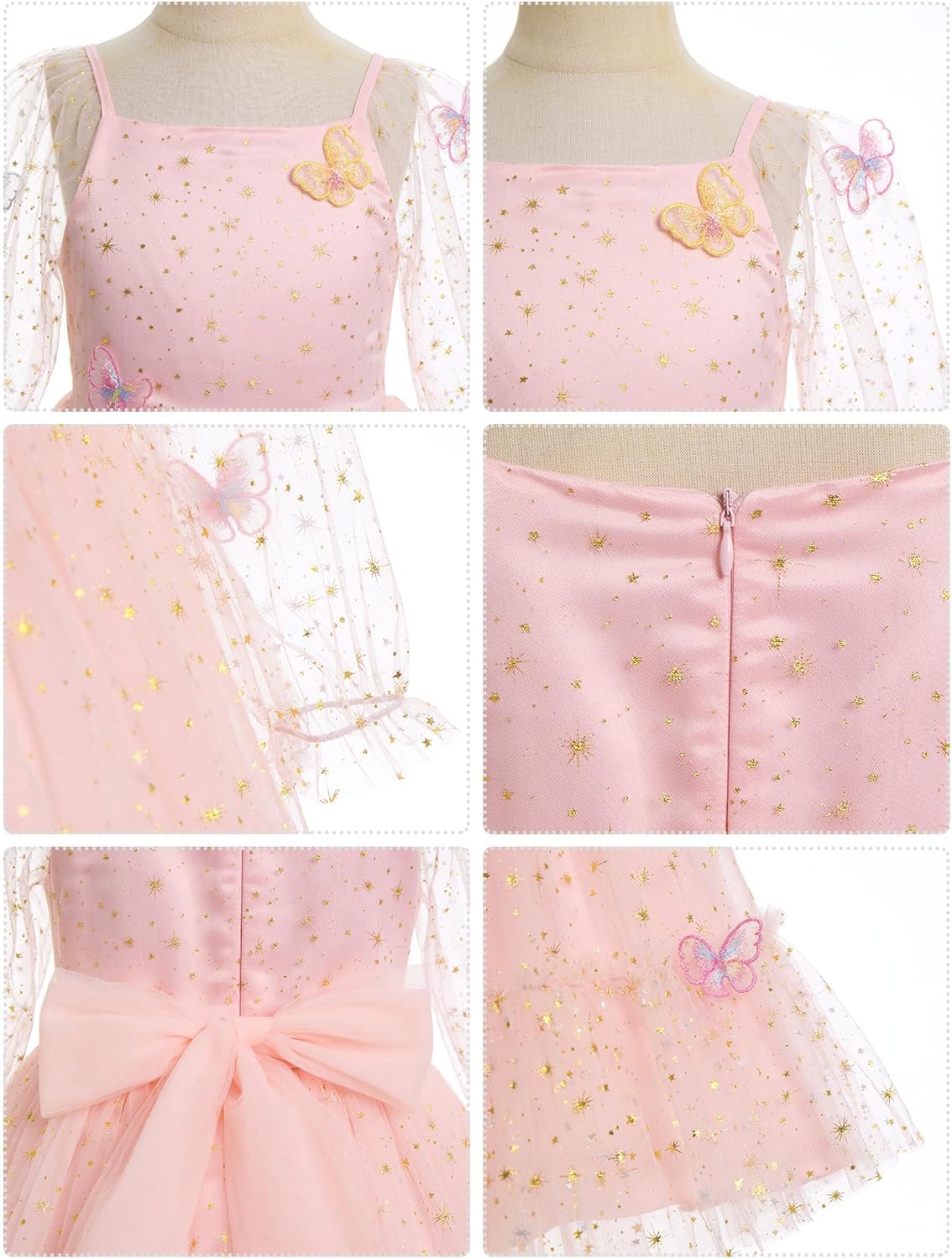Kids Girls Birthday Party Long Sleeve Star Glitters Tulle Tutu Dress 3D Butterfly Star Sequins Ruffle Dress