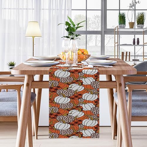 Miniatura 6 de Camino de mesa de calabaza, leopardo, otoño, Halloween, Acción de Gracias, naranja, blanco y negro, caminos de mesa para cocina, decoración de mesa