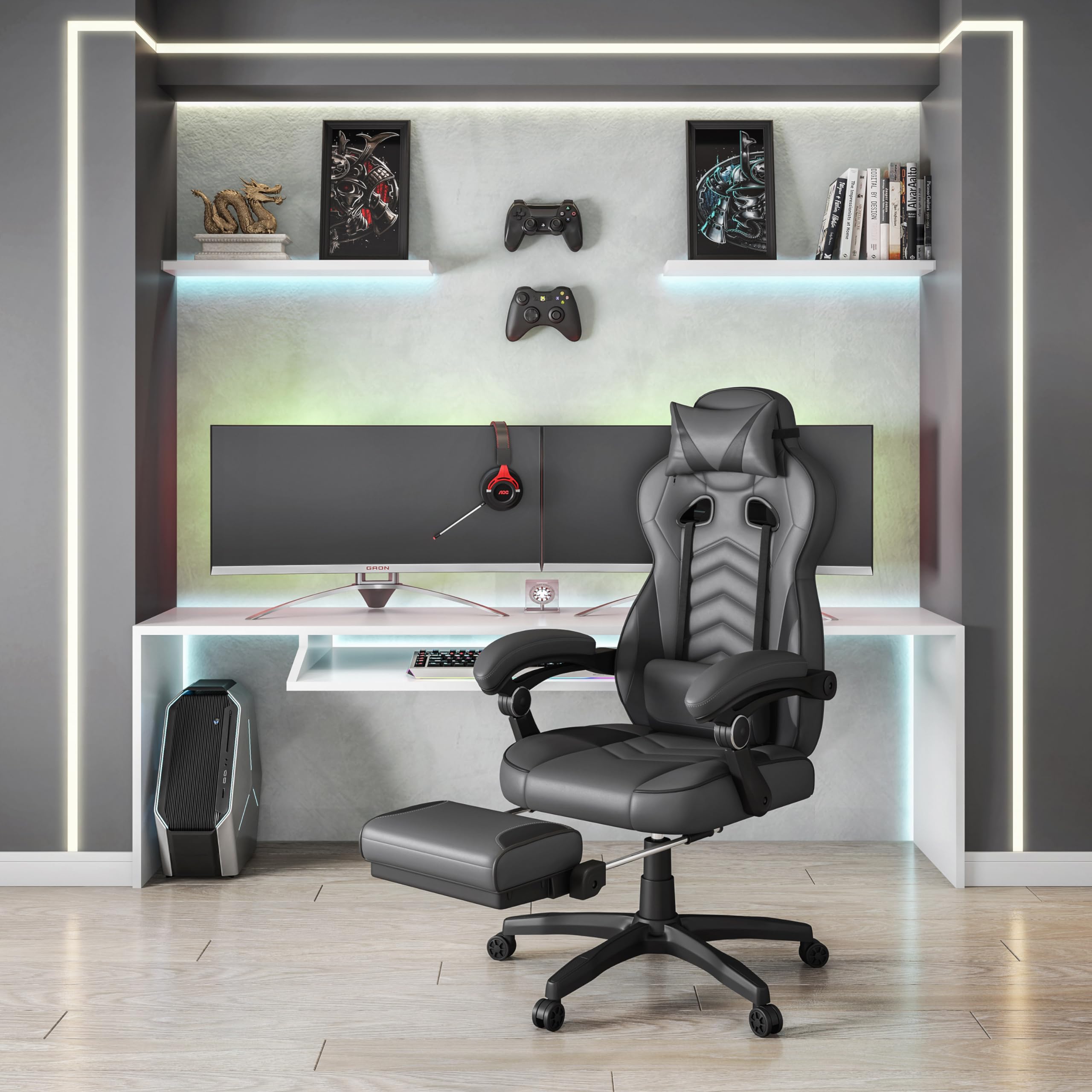 Techni Mobili Executive Office or Gaming Chair with Footrest, Padded PU Leather Office Chair with 150-Degree Recline, Lumbar Support & Headrest Pillow, Grey