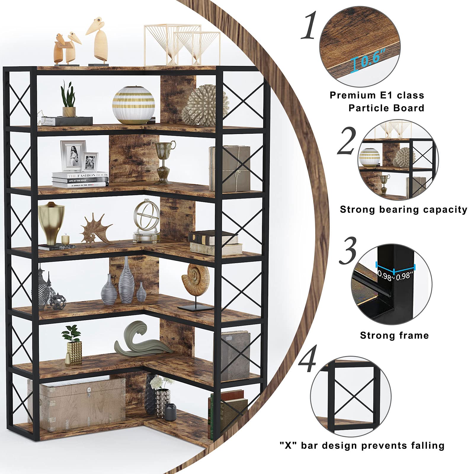 Buy PAKASEPT 6Shelf Corner Bookshelf, Vintage Industrial Corner Shelf