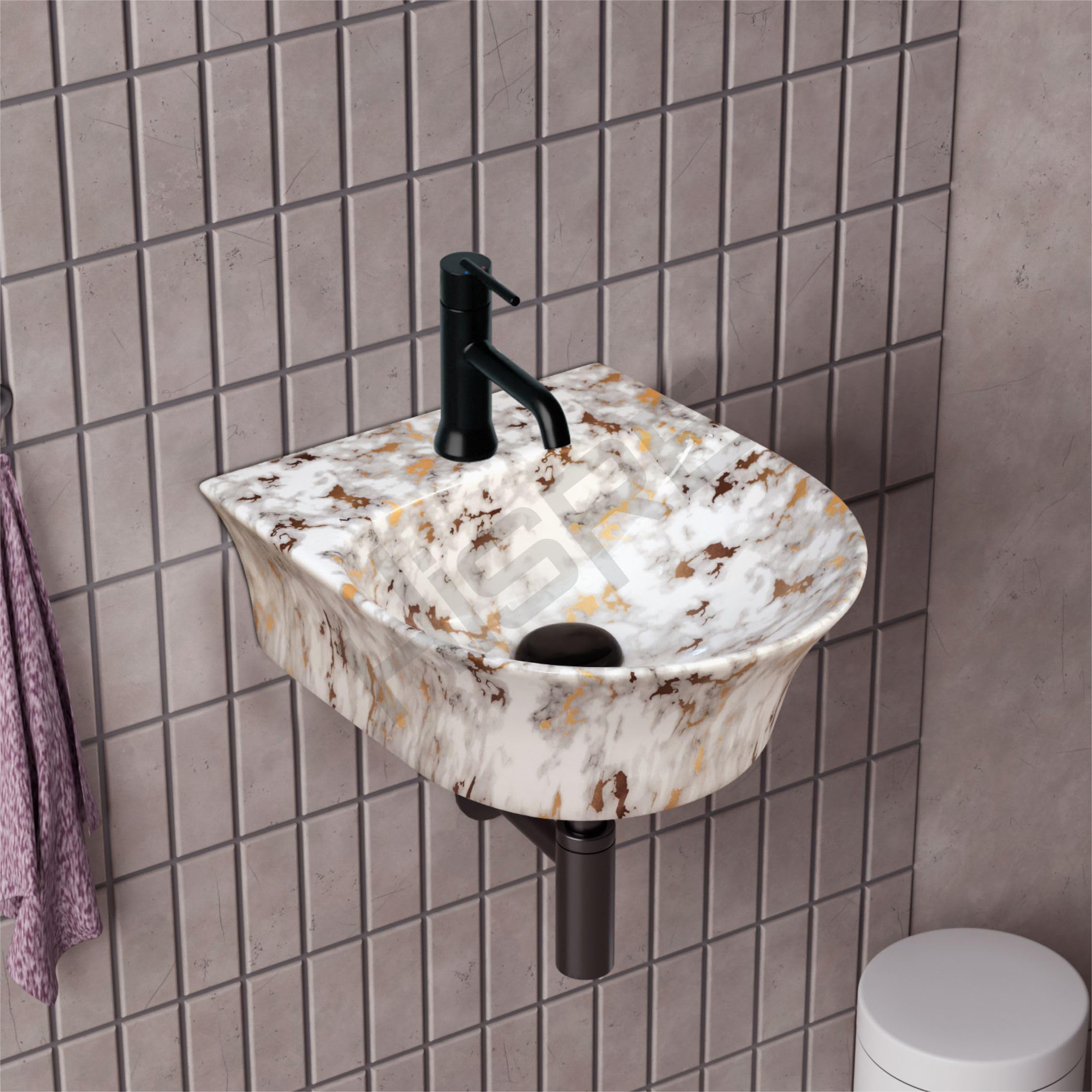 HISRE Wall Mount Wash Basin | White Ceramic Sink with Brown and Golden Marble Pattern | Compact Rectangular Bathroom Basin for Modern Home & Office Décor, photo 1 of 5