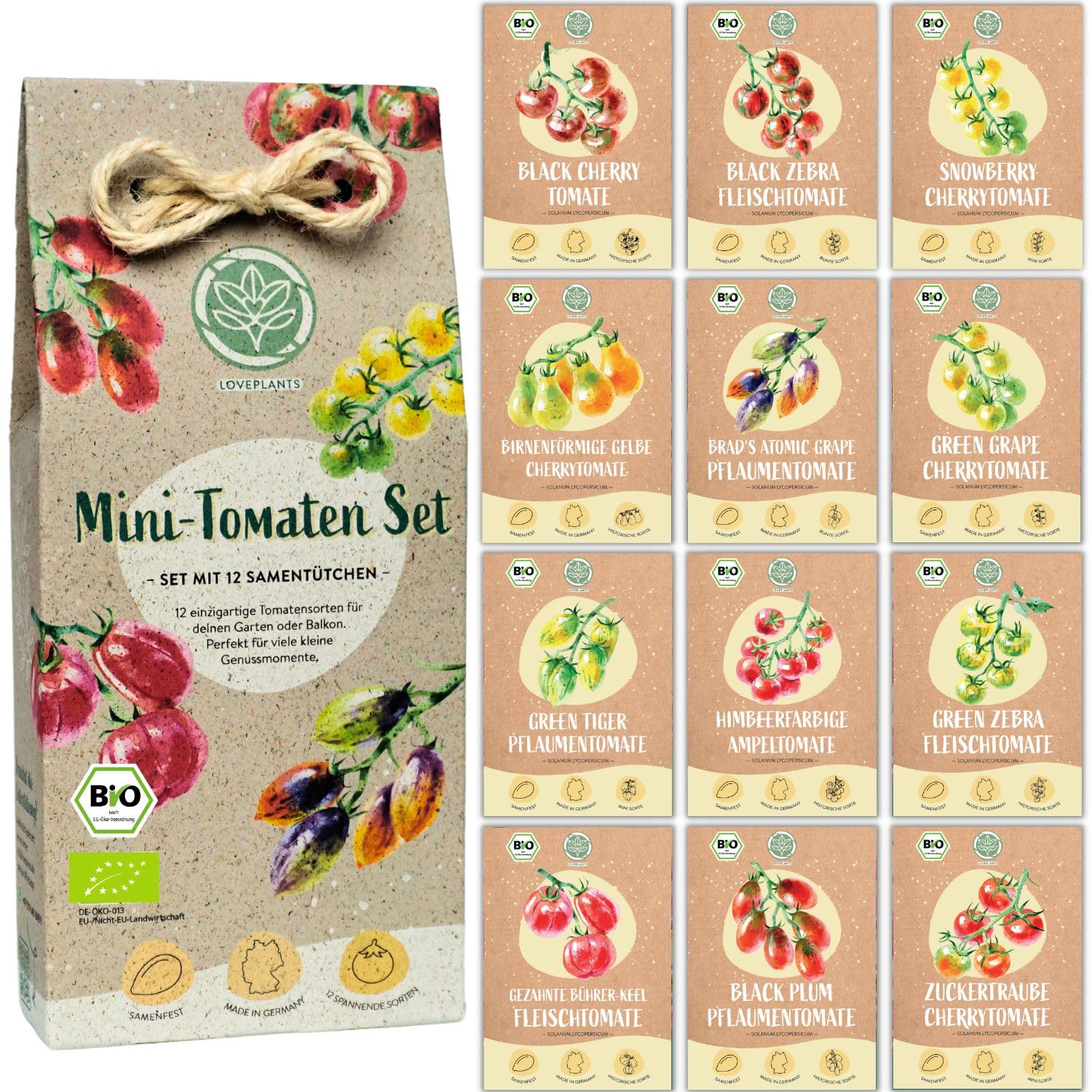 BIO mini Tomatensamen Set: 12 samenfeste Tomatensorten | Tomaten Saatgut mit seltene & alte Cocktail, Cherry & Fleischtomaten | Gemüse Samen für Balkon, Hochbeet, Garten & als Geschenk | Loveplants