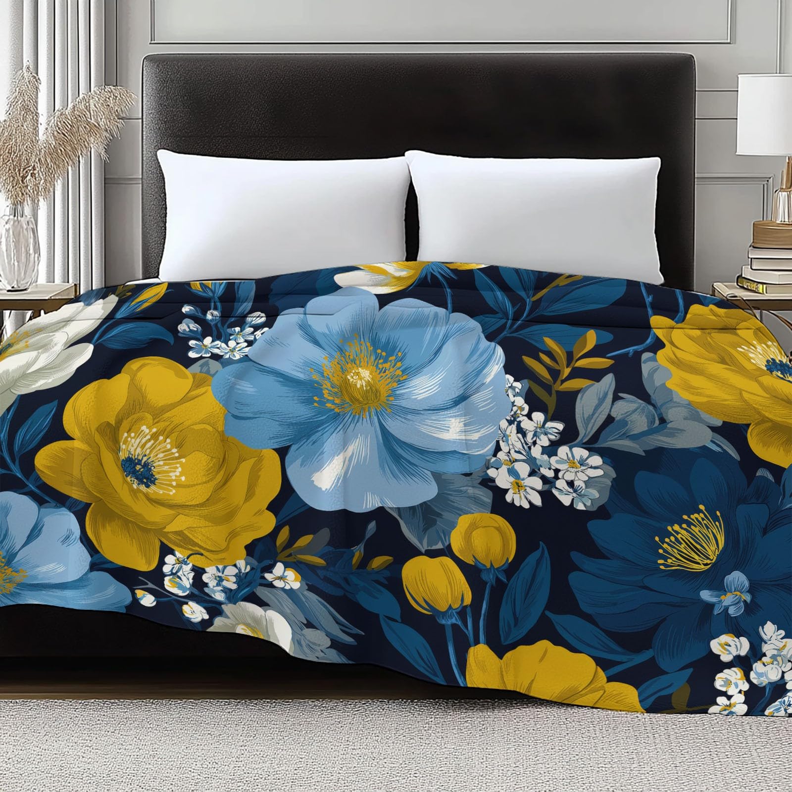 Manta de franela mullida de 220 x 240 cm, de lujo de plantas y flores, manta para sofá y cama como manta de sofá, manta de forro polar de microfibra suave como colcha y manta de sofá, color azul
