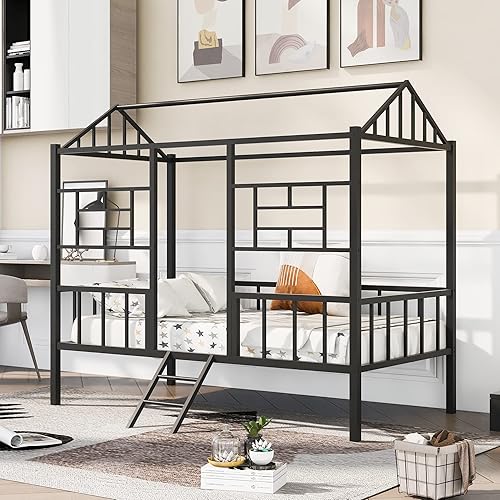P PURLOVE Base de cama de metal con cama nido para niños, cama de plataforma en forma de casa de tamaño individual con cama nido, cama de juegos con