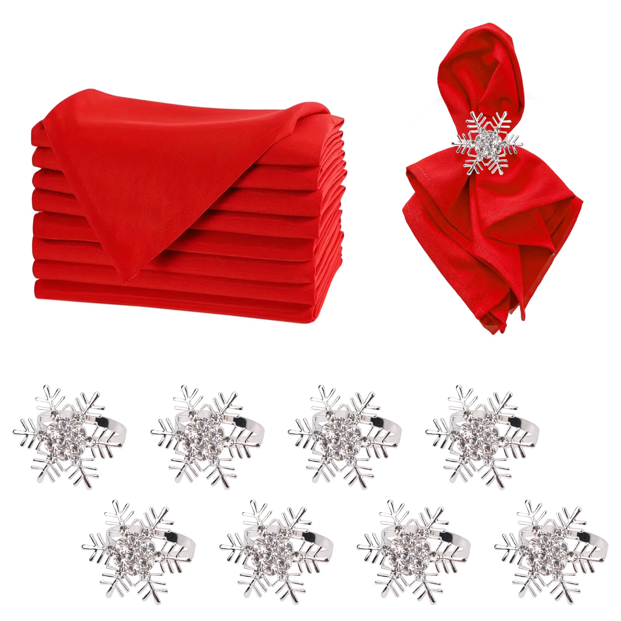 WedDecor Red Napkins and Silver Napkin Ring Set, 16 Pieces