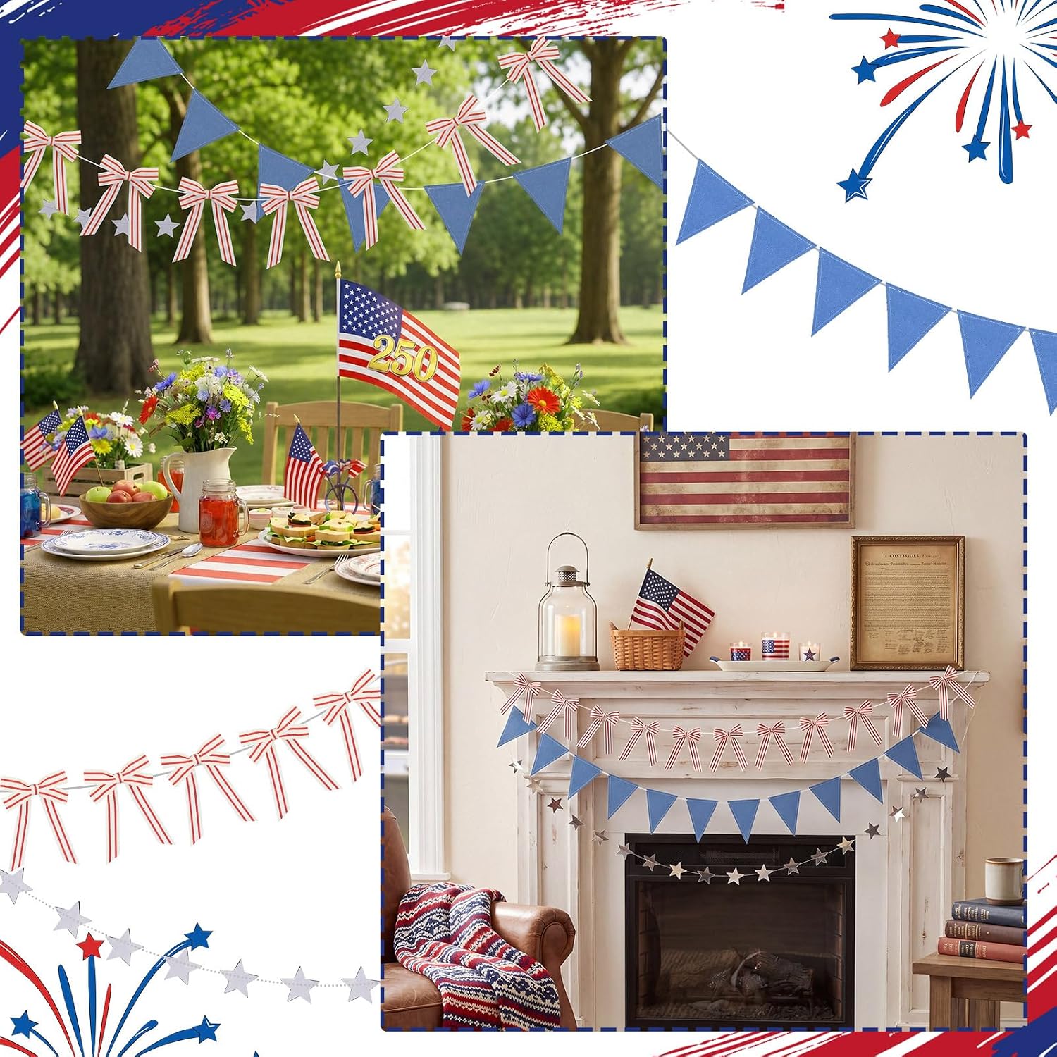 3 Pcs 4th of July Patriotic Banner Decor 59 Inch 250th Anniversary Red White Blue Striped Bow Triangle Star Banner Bunting Garland for USA American Independence Memorial Day Party Supplies