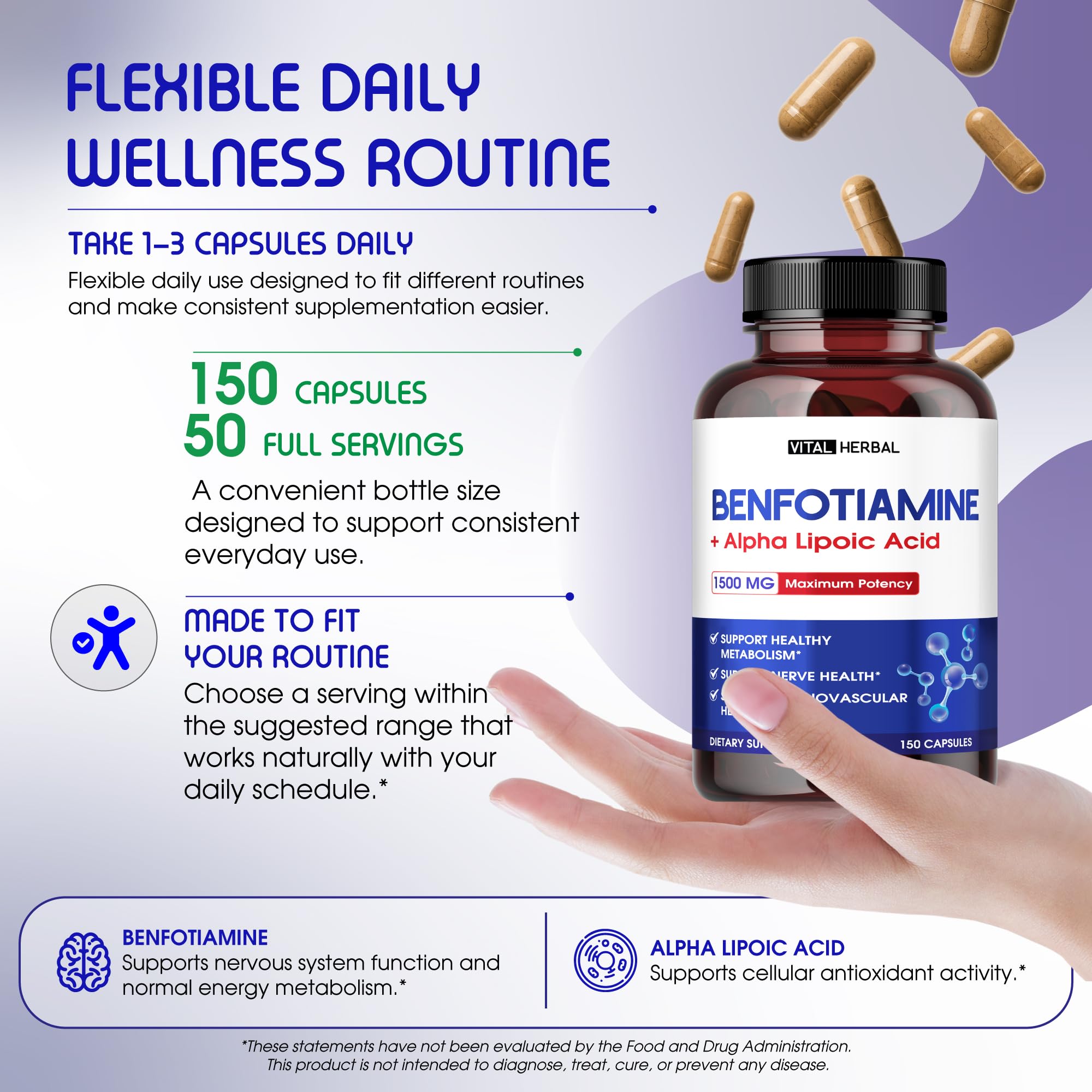 Vital Herbal Benfotiamine Complex 1500 mg with Alpha Lipoic Acid, 150 Count — Amazon image 3