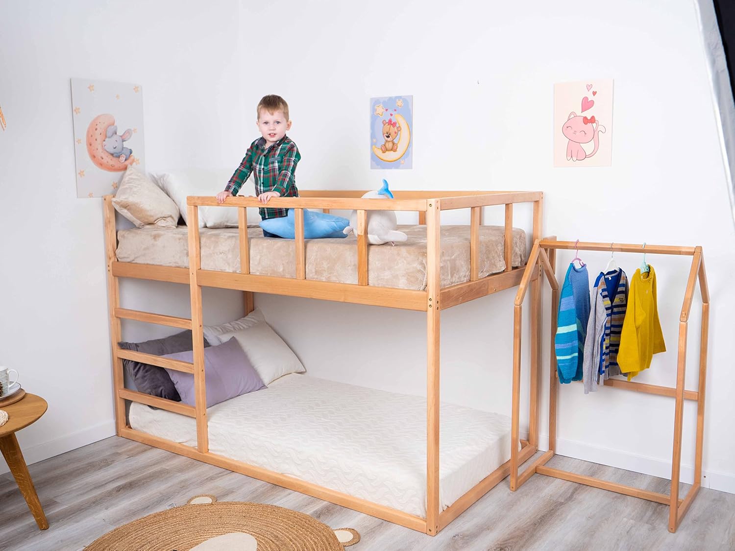 BUSYWOOD Wooden Bunk Bed for Toddlers - Montessori Bed - Twin Wood Frame with Ladder - Toddler Bed Frame - Bunk Bed Twin Size (Model 13, Twin Size 75x38, 7 Colors Variation)