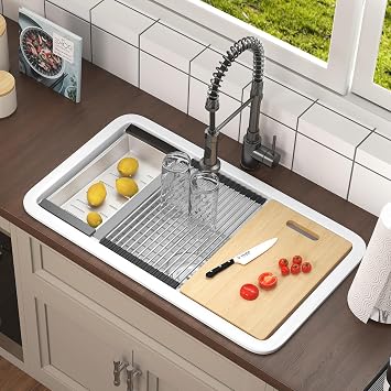 White Undermount Workstation Kitchen Sink 33 Inch Large Topmount Fireclay Drop In Sink 33"x19"x10", Dual Mount Heavy Duty Deep Single Bowl with 5 Custom Accessories, White Sinks for Kitchen