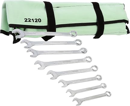 OEMTOOLS 22120 8 Piece Combination Wrench Set | 21, 22, 24, 25, 27, 29, 30, 32 mm | Box End & Offset Open-End Combination Wrenches | Automobile Repair & Home Use | Green Canvas Tool Roll Included