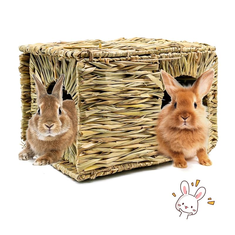 Casinha de grama natural para coelhos e pequenos animais BWOGUE, dobrável e trançada à mão, 1 unidade