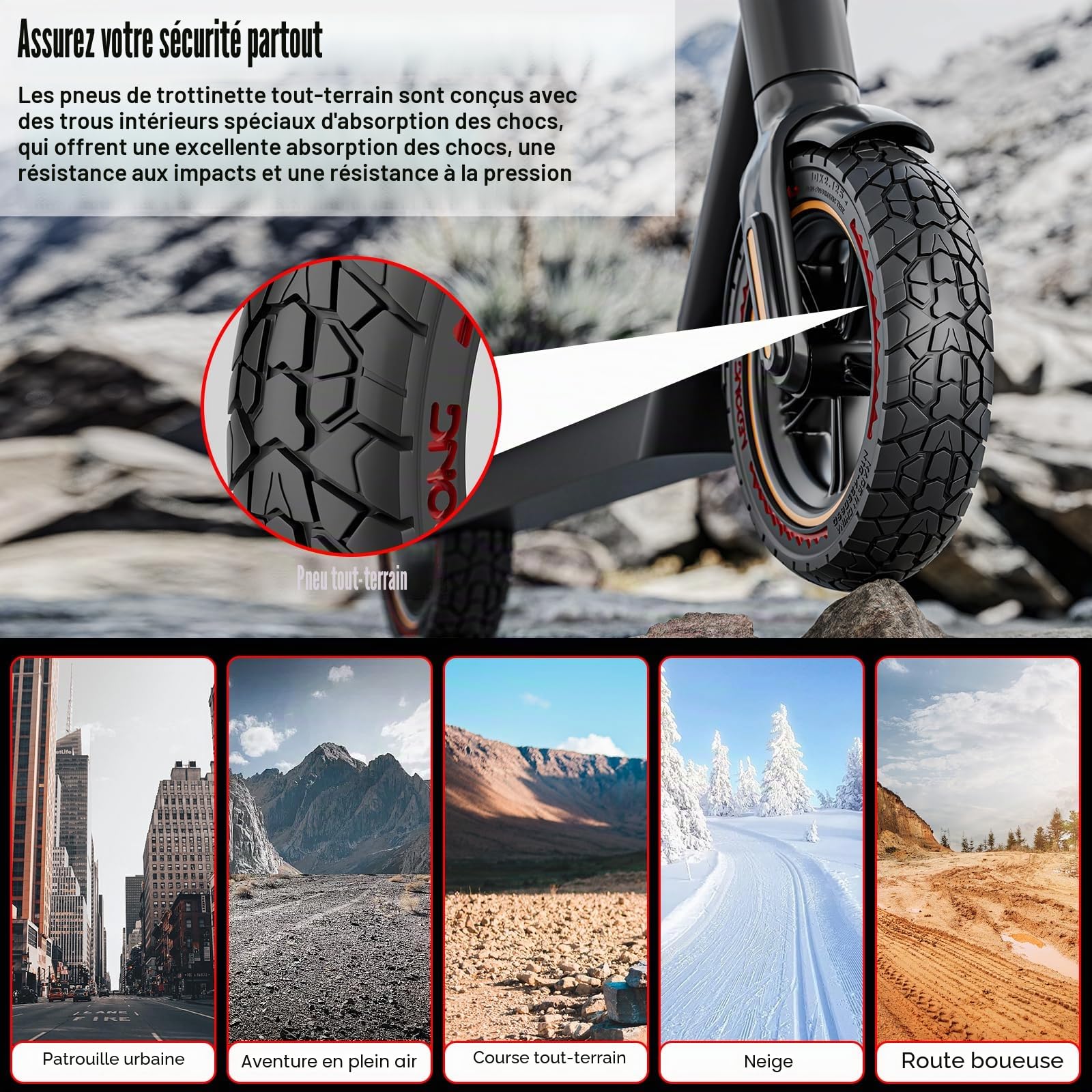 OUXI 10X2.125 Off Road pneu pour Scooter électrique Ninebot F20/F30/F40/F65, pneus en caoutchouc solides de 10 pouces pour pneu de Scooter électrique solide avant et arrière Tubeless(Rouge 2pcs)