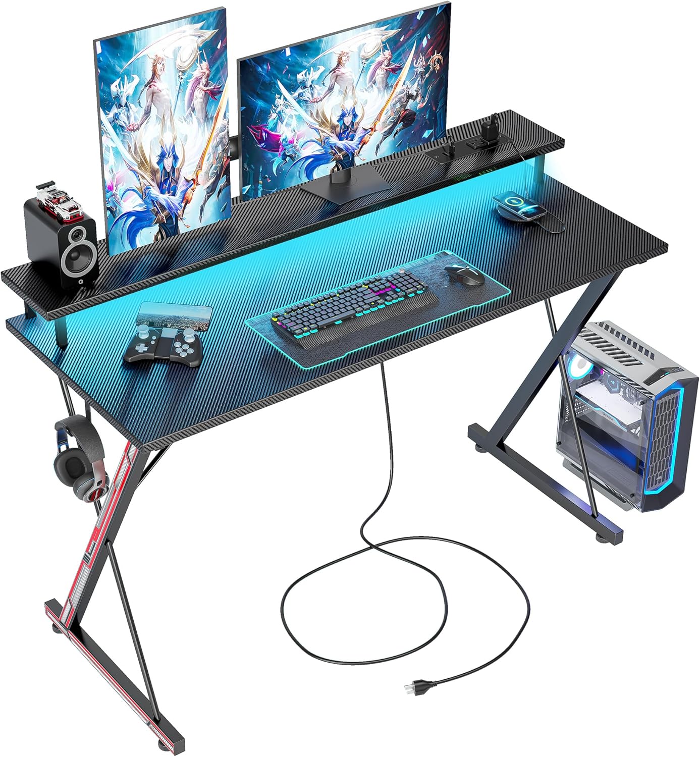 TIQLAB Gaming Desk with Power Outlets & LED 47 Inch Ergonomic Computer Carbon Fiber Surface Gamer Desk, Large Monitor Stand, Headphone Hook, PC Workstation for Bedroom, Black Desk 47 Inch Black
