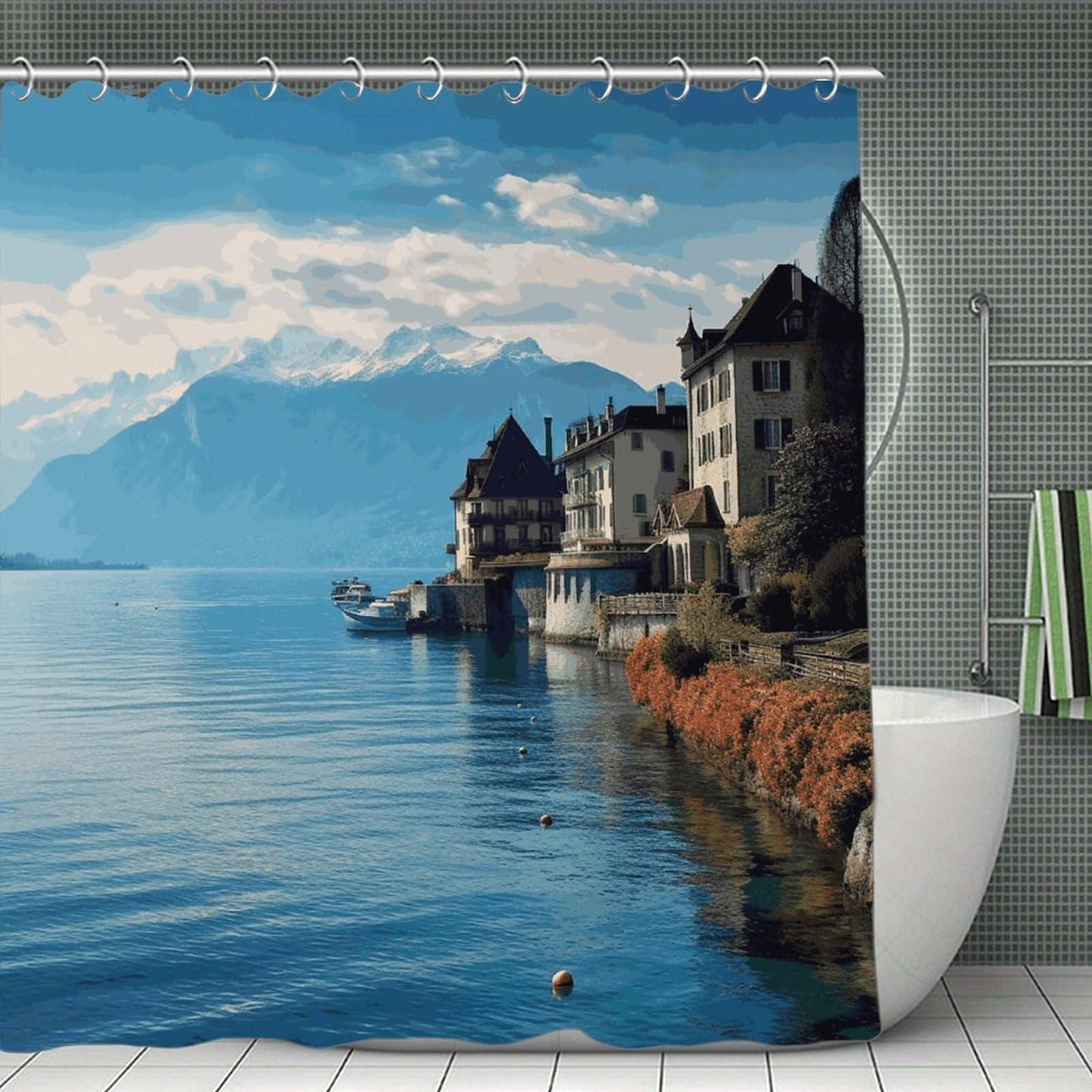 JTREHY Lake Geneva Switzerland Shower Curtain Waterproof Bathroom Shower Curtain Machine Washable Bath Curtains Polyester Cloth Bath Curtains for Bathroom Showers 70.8×70.8Inch