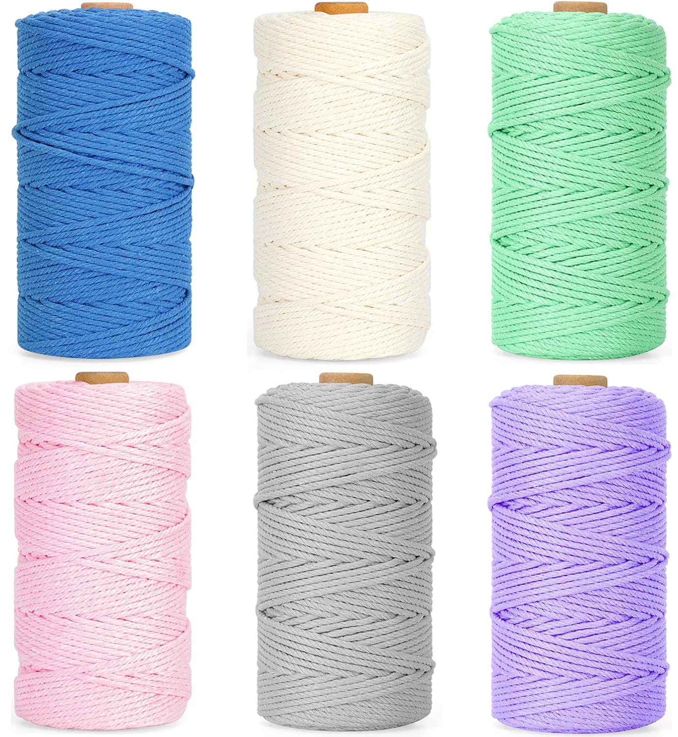 Premify 6 Pack 2mm Cotton Rope, Colored Cotton Cord, Macrame Colorful Natural Durable Handmade Art Material for Craft Wall, Hanging Plants, Drawstrings, Gardening, Home Decorations (6 x 100M)